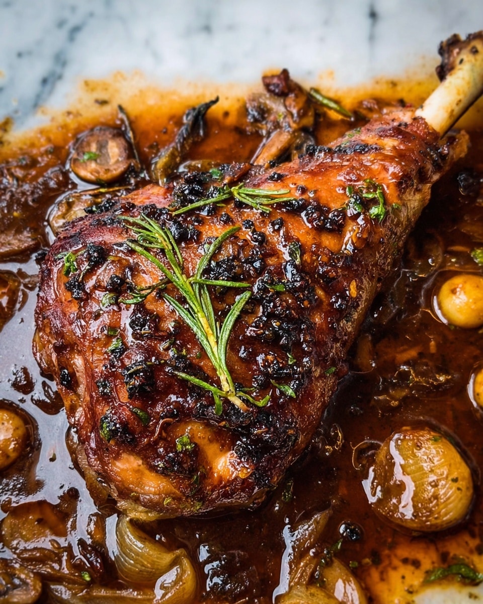 The image shows one large roasted chicken leg with a crispy, browned skin covered in small black and green herbs, including visible sprigs of rosemary on top. The chicken leg rests in a rich, dark brown sauce mixed with golden-brown, caramelized round slices of onions and mushrooms scattered around it. The sauce looks thick and glossy, with some herbs floating in it. The chicken leg bone is white and clean, slightly sticking out from the top right side of the meat. The dish is set on a white marbled texture background. Photo taken with an iphone --ar 4:5 --v 7