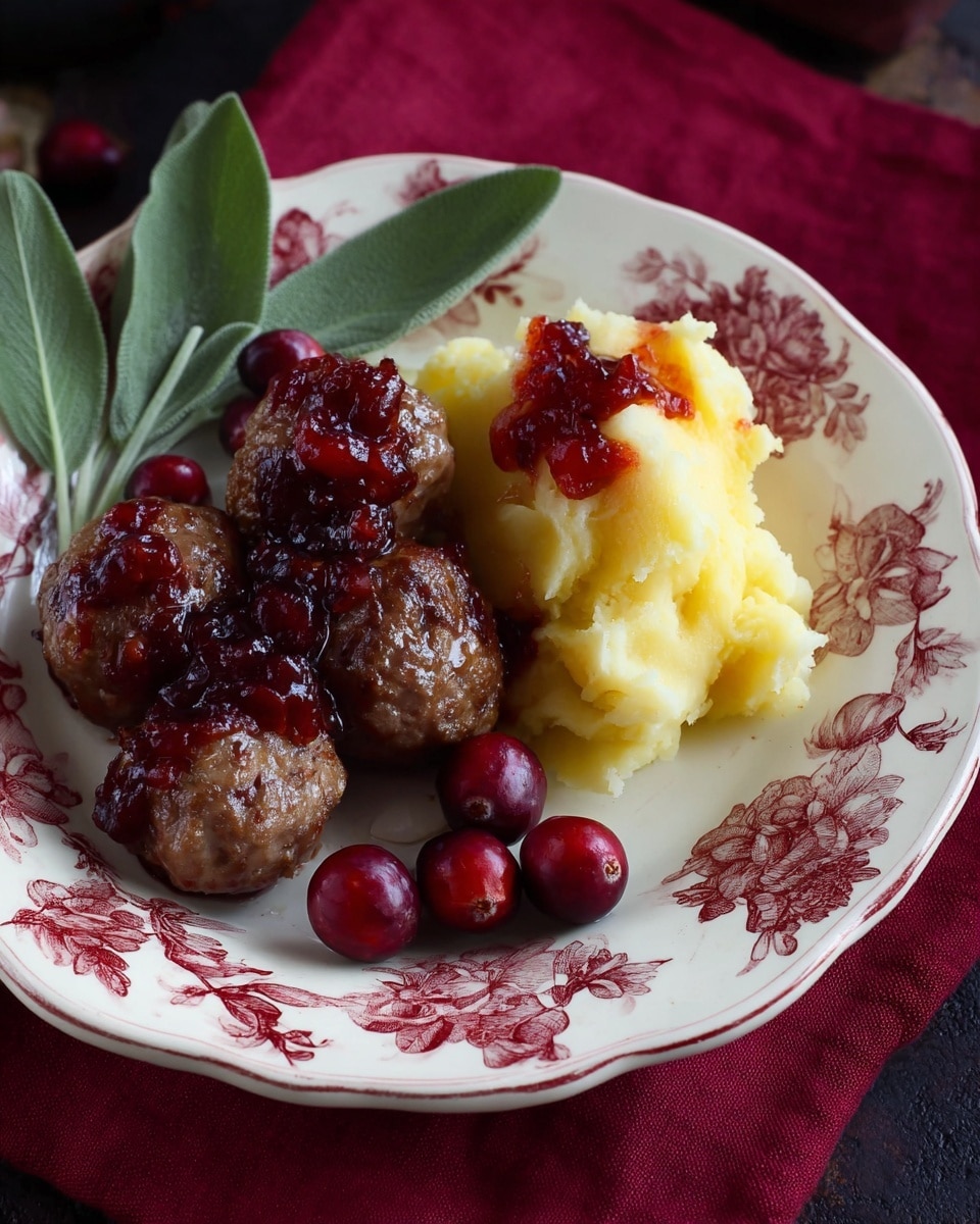 On a white plate with red floral patterns, there are five brown meatballs topped with glossy dark red cranberry sauce. To the right of the meatballs is a smooth, creamy mound of pale yellow mashed potatoes, also dotted with small spoonfuls of cranberry sauce. Three fresh green sage leaves are placed to the left side of the plate, next to several whole, glossy, dark red cranberries. The plate sits on a deep red cloth napkin over a dark surface. photo taken with an iphone --ar 4:5 --v 7