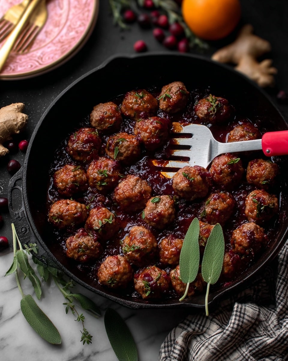 A black cast iron pan filled with about twenty small, round meatballs in a dark red sauce, with bits of green herbs mixed in the meatballs. On top of the meatballs near the right side, there is a silver spatula with a red silicone head resting in the sauce. In the bottom right corner, three fresh green sage leaves lie on the meatballs. The pan is placed on a dark surface with a white marbled texture. In the background, parts of a pink and white patterned plate with a gold fork, a halved orange, a checked cloth, some ginger roots, and scattered dark red berries are seen. Photo taken with an iphone --ar 4:5 --v 7