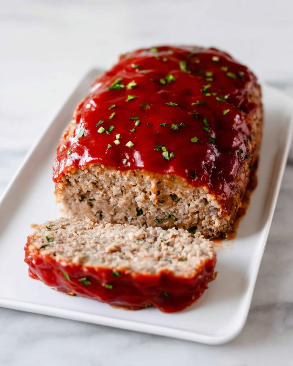 A loaf of meatloaf sits on a white rectangular plate over a white marbled surface. The meatloaf has a thick, even layer of shiny red sauce spread on top, sprinkled with small green herb pieces. One slice is cut and placed in front of the loaf, showing the light brown, slightly crumbly texture inside. The sauce slightly drips around the base of the loaf, adding a glossy contrast to the textured interior. Photo taken with an iphone --ar 4:5 --v 7