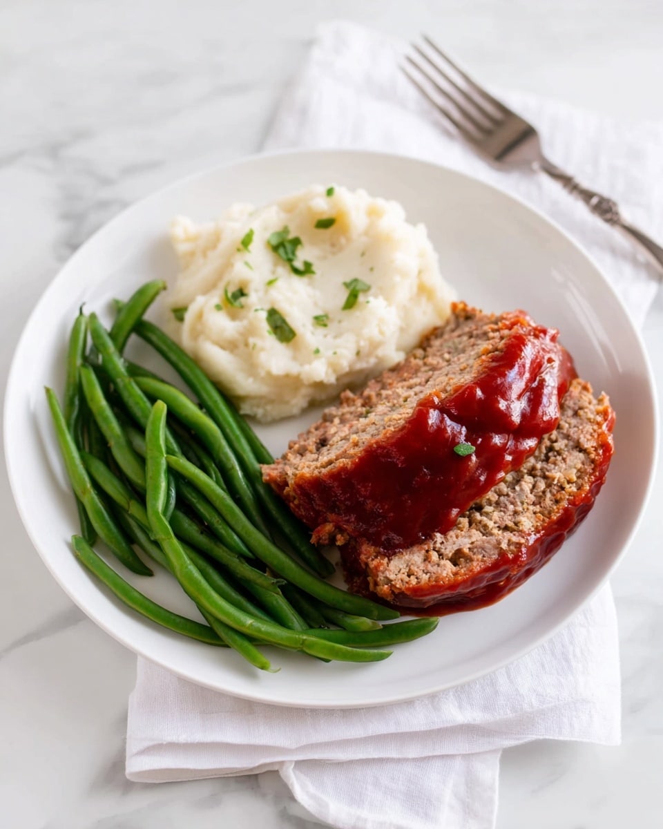 The image shows a white plate with three sections of food: a portion of green beans on the left, cooked and shiny with a fresh green color; next to it is a scoop of white mashed potatoes with a soft, smooth texture; to the right, there is a thick slice of meatloaf which is light brown inside with a moist look, topped with a thick layer of red sauce covering part of the side and top, garnished with a few small green herbs on and around the meatloaf. The plate sits on a white marbled surface with a white napkin and silver fork placed nearby. photo taken with an iphone --ar 4:5 --v 7