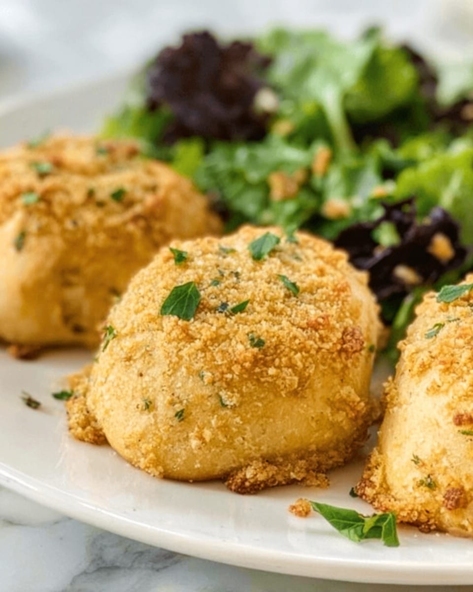 The image shows three golden brown baked rolls on a white plate. Each roll has a rough crumb topping in a light beige color, giving a crunchy look. The rolls have a soft, slightly wrinkled texture on the sides. Small green herbs are sprinkled on top of the rolls, adding a touch of color. In the background, there is a portion of dark green leafy salad with some light-colored pieces mixed in. The plate is placed on a white marbled surface. photo taken with an iphone --ar 4:5 --v 7