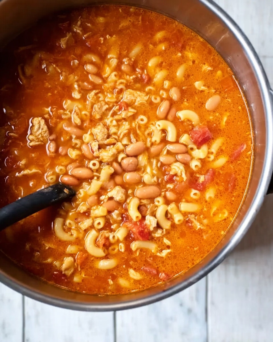 The image shows a close-up of a soup filled with small elbow macaroni pasta, beans, and shredded pieces of light-colored meat in a thin reddish-orange broth. The soup also has small bits of red and green vegetables or herbs scattered throughout. The liquid looks smooth and slightly shiny, with the ingredients evenly mixed. The detailed texture of the pasta and beans contrasts with the soft meat and clear broth. The background has a white marbled texture. Photo taken with an iphone --ar 4:5 --v 7