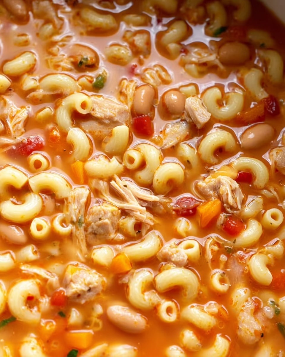 The image shows a close-up of a thick macaroni soup served in a white bowl. The soup has visible layers including small elbow macaroni pieces, light brown beans, chunks of red tomatoes, and scrambled yellow eggs all mixed in a slightly thick, orange-brown broth. The textures show a soft and hearty mix of pasta, beans, and vegetables with some herbs sprinkled inside. A black spoon is scooping up some of the soup, revealing the mix of all ingredients. The bowl sits on a white marbled surface. photo taken with an iphone --ar 4:5 --v 7