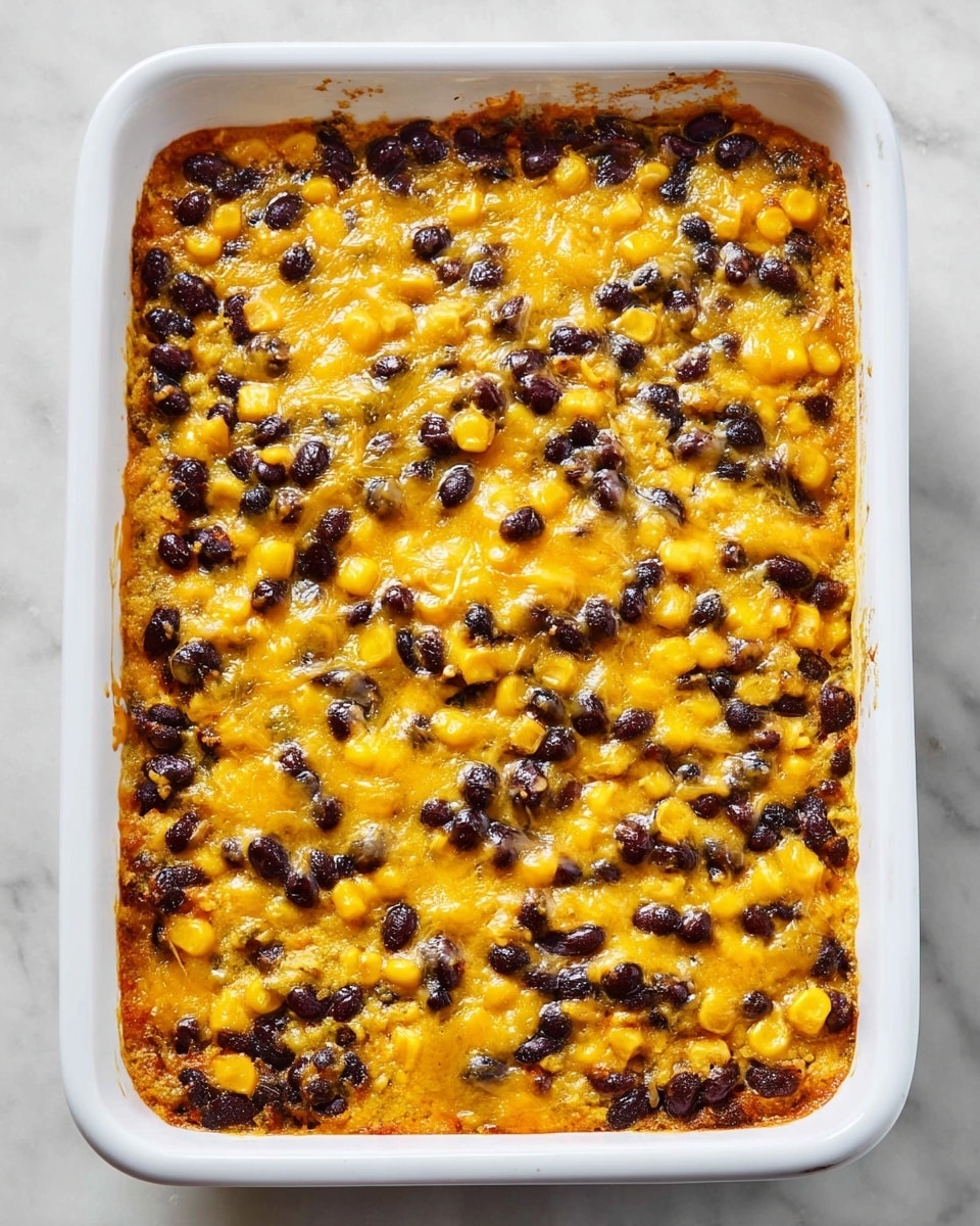 A rectangular white baking dish holds a layered casserole. The top layer is a mix of melted yellow cheese and scattered black beans, with some golden yellow corn kernels spread evenly throughout. The cheese has a smooth yet slightly bubbly texture, and the beans’ dark color contrasts with the bright cheese and corn. The edges show a bit of the layers beneath, suggesting a creamy or saucy base under this colorful top. The dish sits on a white marbled surface. photo taken with an iphone --ar 4:5 --v 7