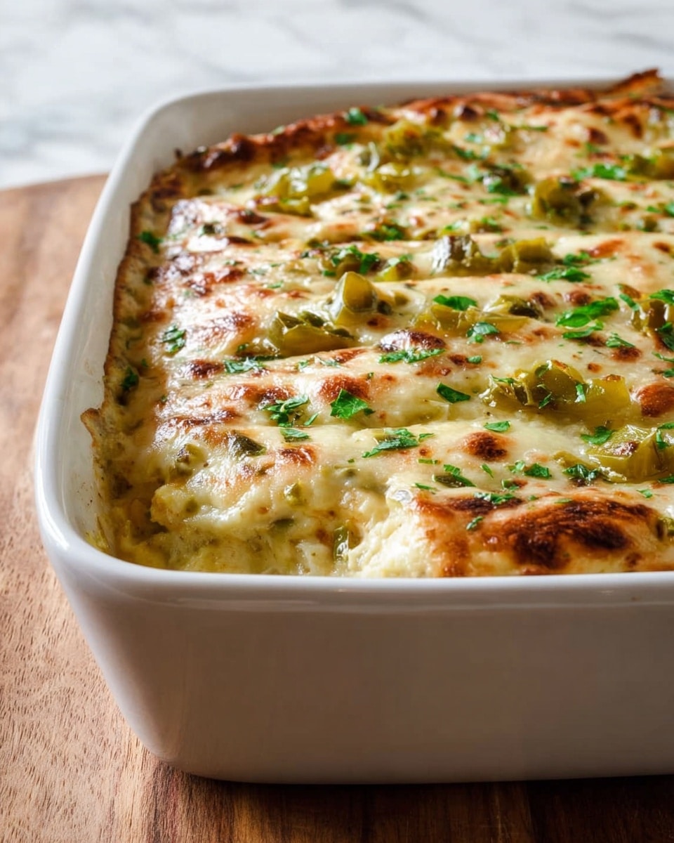A close-up of a white rectangular baking dish filled with a layered casserole. The top layer is a melted cheese layer with a golden-brown crust and scattered bits of green herbs and diced green peppers. The casserole's surface has a soft, creamy texture with slightly browned edges. The white baking dish sits on a wooden surface, and the background is a white marbled texture. photo taken with an iphone --ar 4:5 --v 7