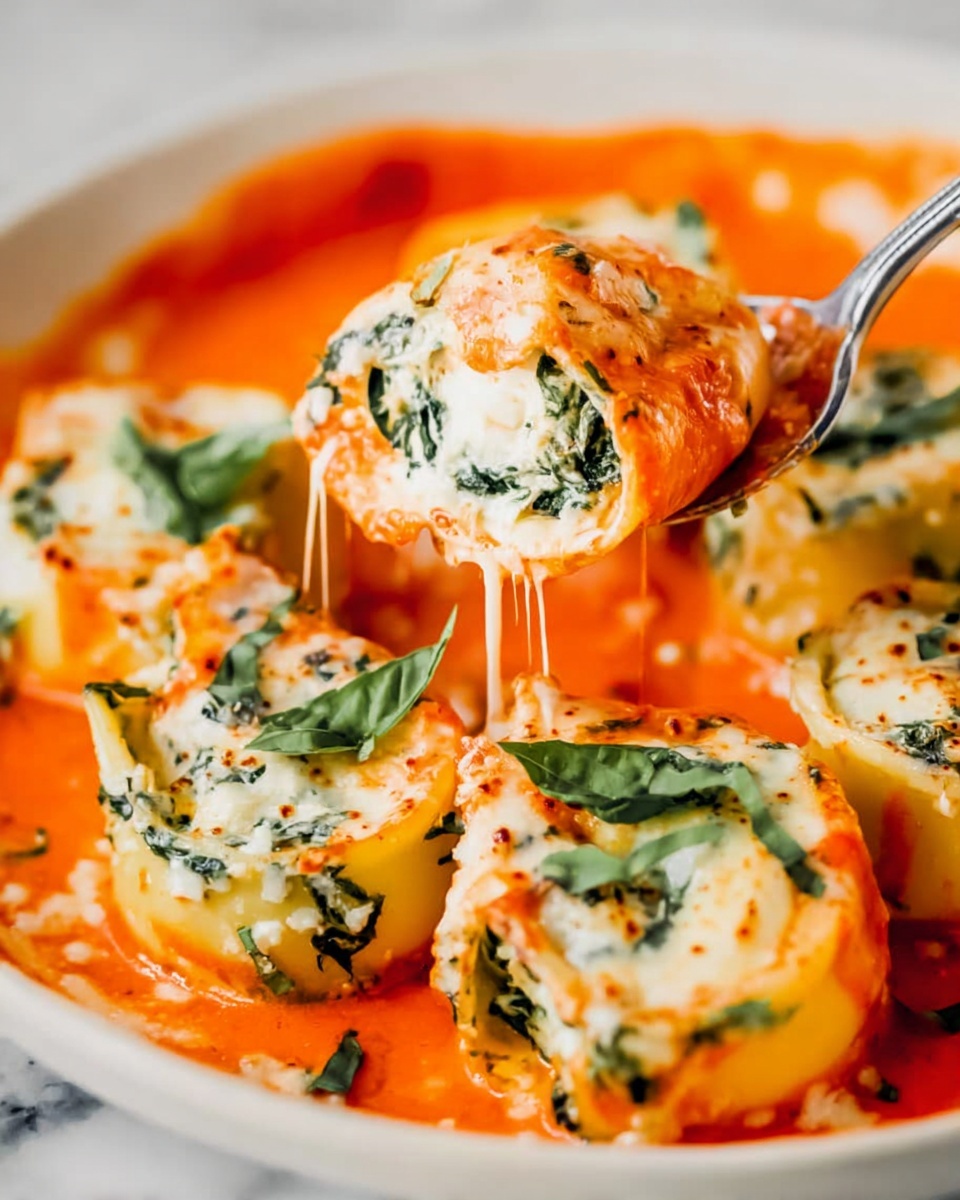 An oval white plate sits on a white marbled surface, filled with a baked dish showing about two layers. The bottom layer is a bright red tomato sauce spread evenly across the plate. On top are rounded pasta pieces filled with white and green spinach cheese mixture, covered with melted white cheese that has small golden brown spots. Scattered fresh green basil leaves add pops of color on top, with some small green bits mixed in the cheese. The edges of the dish show slight browning from baking. Photo taken with an iphone --ar 4:5 --v 7