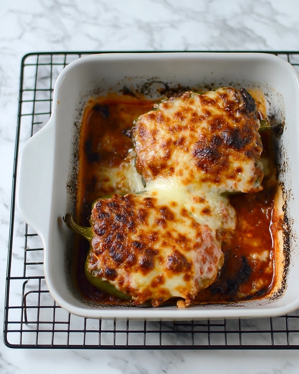 The image shows three green bell peppers filled with a mixture, topped with melted golden-brown cheese. The peppers stand upright in a white rectangular baking dish, and the cheese layer covers the filled tops, bubbling slightly with some browned spots. Small sprigs of green herbs are placed on some peppers as garnish. The background and surface are a white marbled texture. Photo taken with an iphone --ar 4:5 --v 7