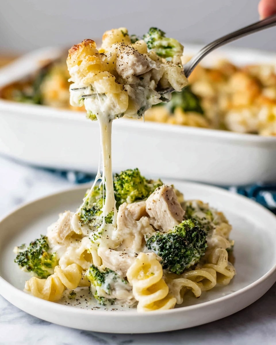 The image shows a white plate with a serving of creamy baked pasta layered with pieces of chicken, bright green broccoli florets, and a thick white cheese sauce that is stretchy as a silver fork lifts a portion. The pasta looks soft and pale yellow, mixed evenly with the tender chicken chunks and broccoli, all coated in the sauce with black pepper sprinkled on top. In the background, a white baking dish with more of the pasta bake can be seen on a white marbled surface. photo taken with an iphone --ar 4:5 --v 7