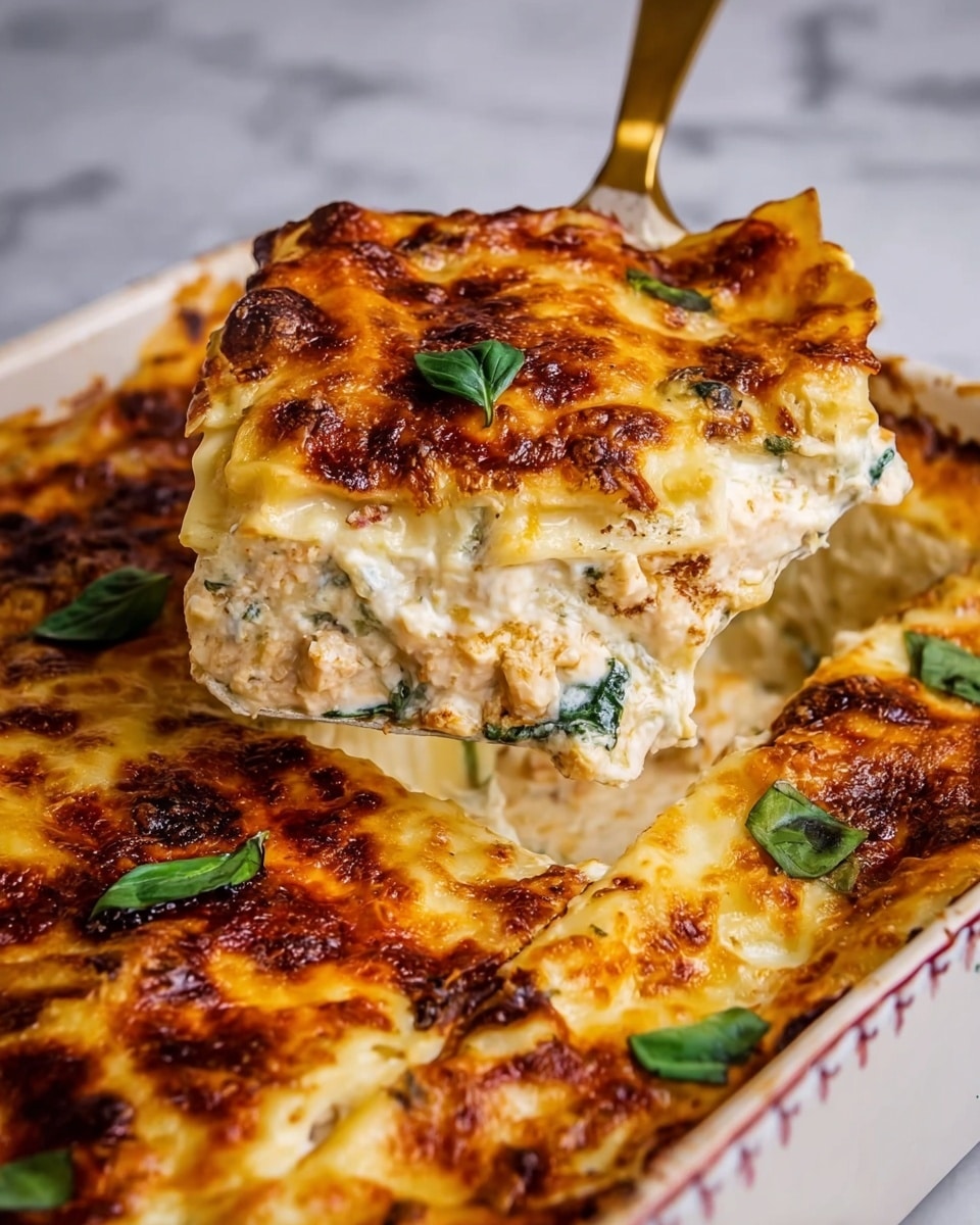 A piece of lasagna with three visible layers sits on a white plate with a delicate pattern. The bottom layer is creamy white sauce mixed with green spinach, the middle layer shows a light yellow pasta sheet, and the top layer is golden brown melted cheese with a few small fresh green basil leaves on top. The lasagna looks soft and slightly browned in some spots. Black pepper is sprinkled around on the plate, and a silver fork is placed resting near the lasagna. The surface underneath is a white marbled texture. photo taken with an iphone --ar 4:5 --v 7