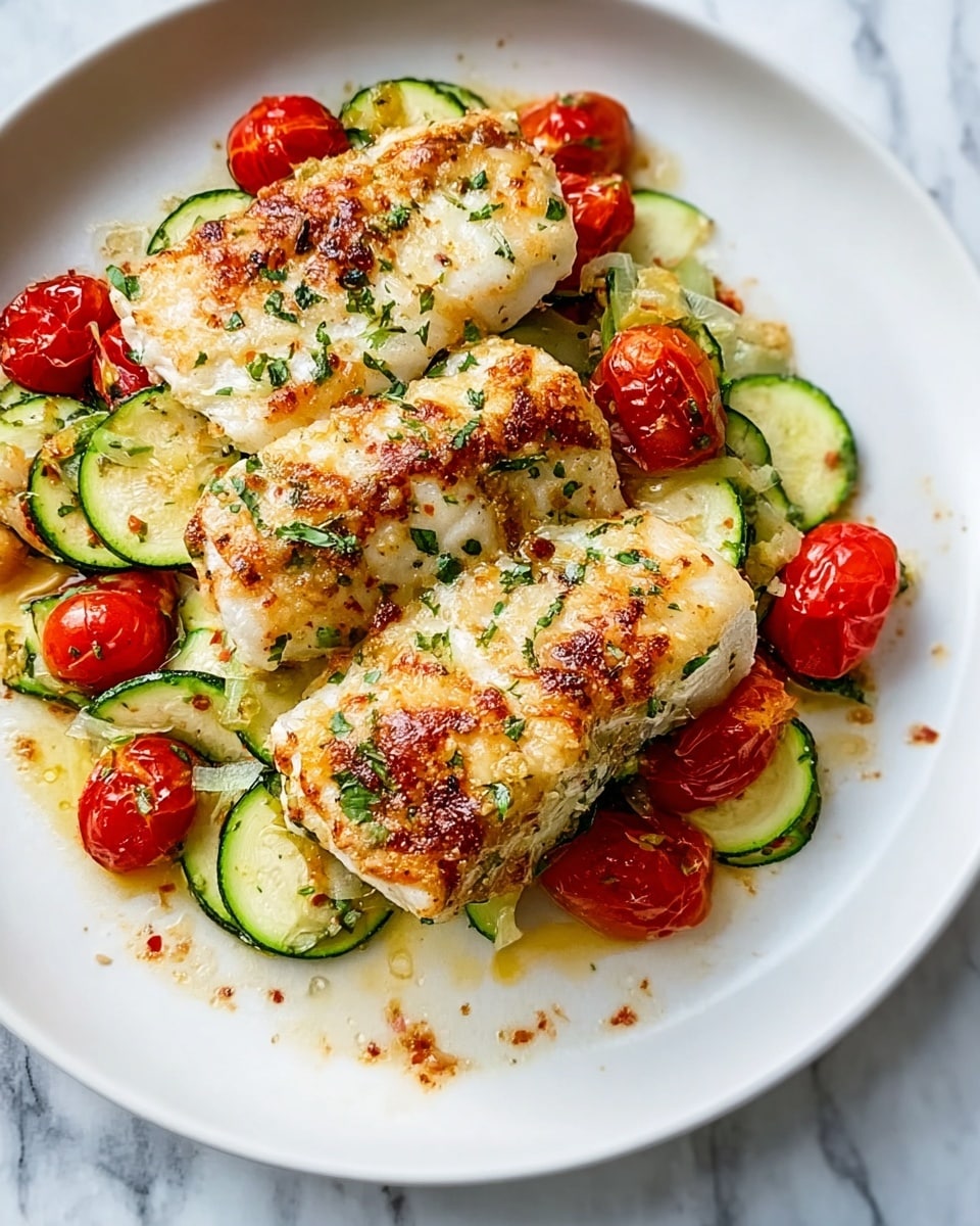 This dish shows three pieces of cooked fish fillets with a golden brown, slightly crispy top layer with specks of green herbs, placed on a bed of sliced zucchini and cherry tomato halves. The zucchini slices are green on the edges and lighter inside, thinly cut, and scattered evenly beneath the fish with bright red tomato halves adding a pop of color. All are arranged on a white plate that rests on a white marbled surface, showing slight sauce or juice stains around the edges. photo taken with an iphone --ar 4:5 --v 7
