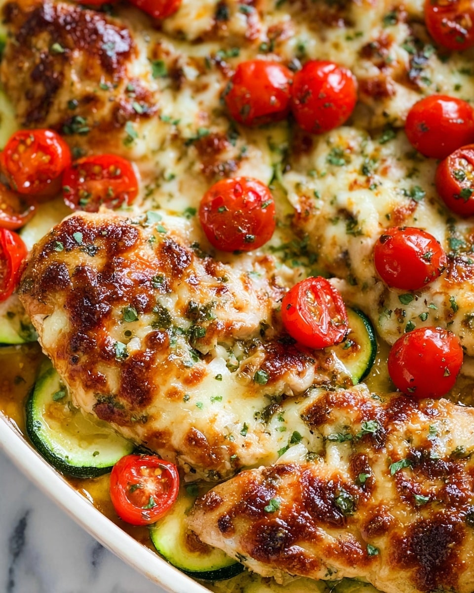 The dish shows several pieces of cooked chicken topped with melted, browned cheese that has a bubbly texture. The chicken lies on sliced green zucchini that are soft and lightly cooked, arranged in a flat layer under the meat. Bright red halved cherry tomatoes are spread evenly on top, adding a fresh and juicy look. Small green herb pieces are sprinkled over the whole dish, adding color and freshness. The dish rests on a white marbled surface. photo taken with an iphone --ar 4:5 --v 7