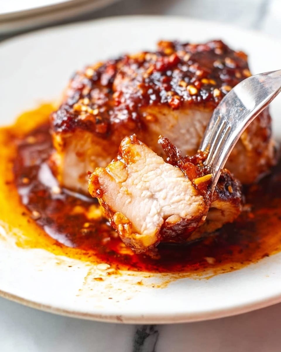 A close-up of a white plate with a piece of cooked chicken in a dark brown, shiny sauce with spices on top. The chicken is thick and tender with a light pinkish interior and a glazed, textured outer layer. A silver fork is holding a bite-sized piece of chicken, showing its soft and juicy texture. The plate rests on a white marbled surface with some sauce pooling around the chicken. Photo taken with an iphone --ar 4:5 --v 7