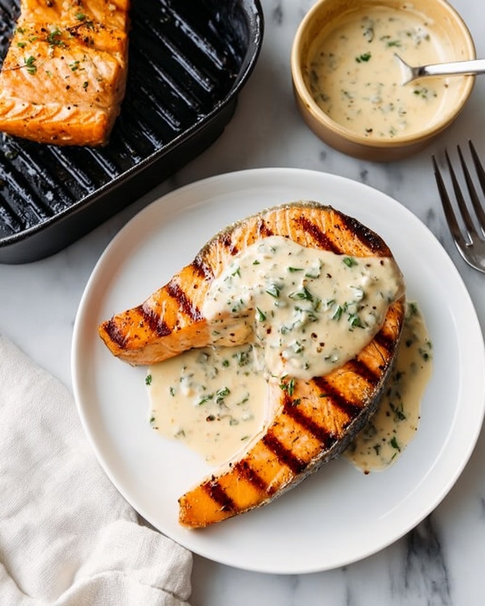 The image shows two white plates on a white marbled surface, each plate holding a single grilled salmon steak with an orange-pink color and grill marks. On top of each salmon is a thick creamy sauce with a pale beige color mixed with green flecks, likely herbs. The sauce covers part of the salmon and drips slightly onto the plates. Each plate has a silver fork resting on the side. Next to the plates is a small bowl with more of the creamy sauce and a spoon inside it. A woman's hand is holding the spoon in the bowl. photo taken with an iphone --ar 4:5 --v 7