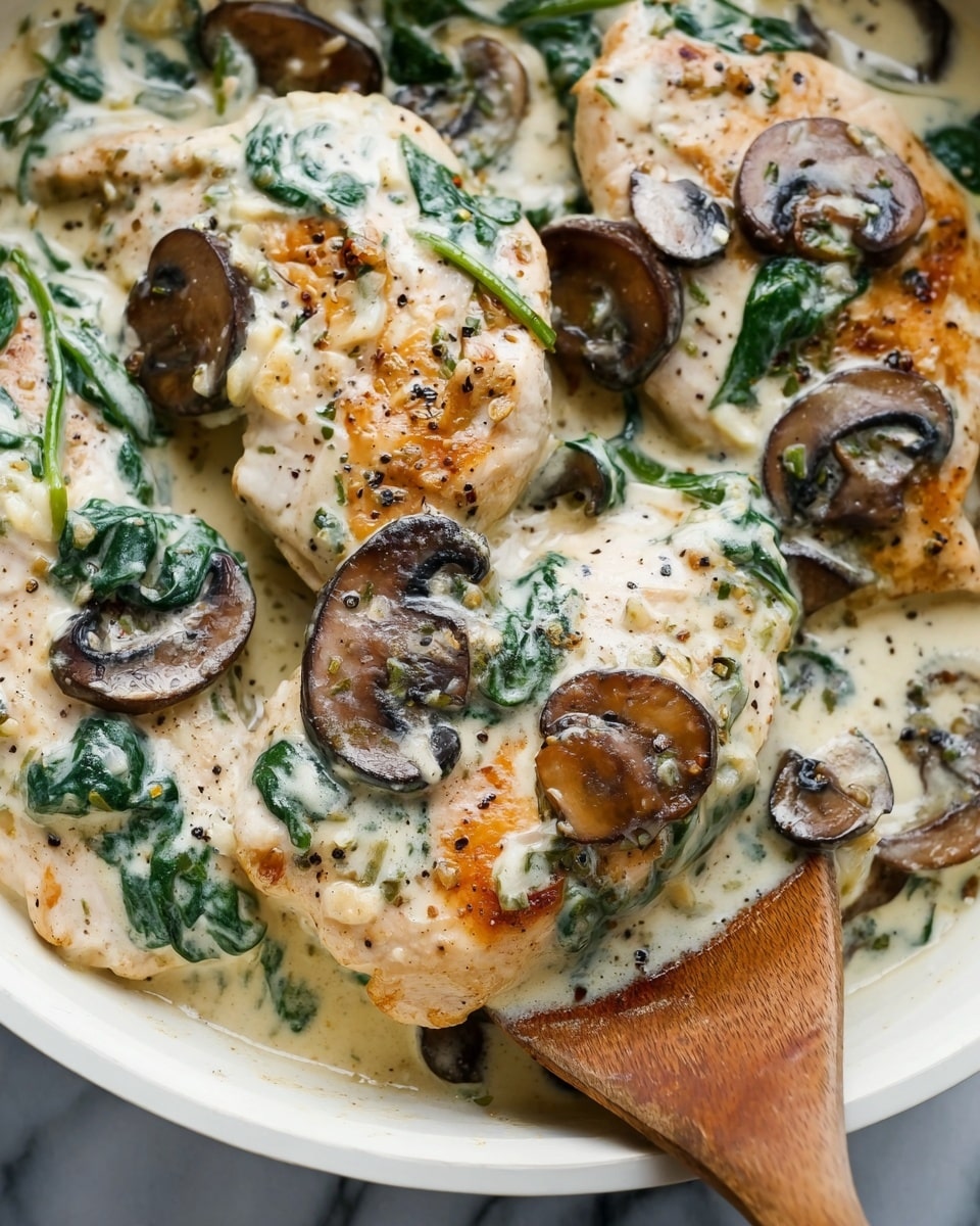 A close-up view of a black pan filled with two large pieces of cooked chicken covered in a thick, creamy white sauce. The sauce has light brown specks and is mixed with sautéed light brown sliced mushrooms and deep green spinach leaves, which are spread evenly across the dish. The chicken pieces are partially visible beneath the sauce, showing golden-brown cooked texture. The pan has a wooden handle, and a small portion of a wooden spatula is visible at the edge. The background shows a few fresh spinach leaves and whole mushrooms scattered on a white marbled surface. Photo taken with an iphone --ar 4:5 --v 7