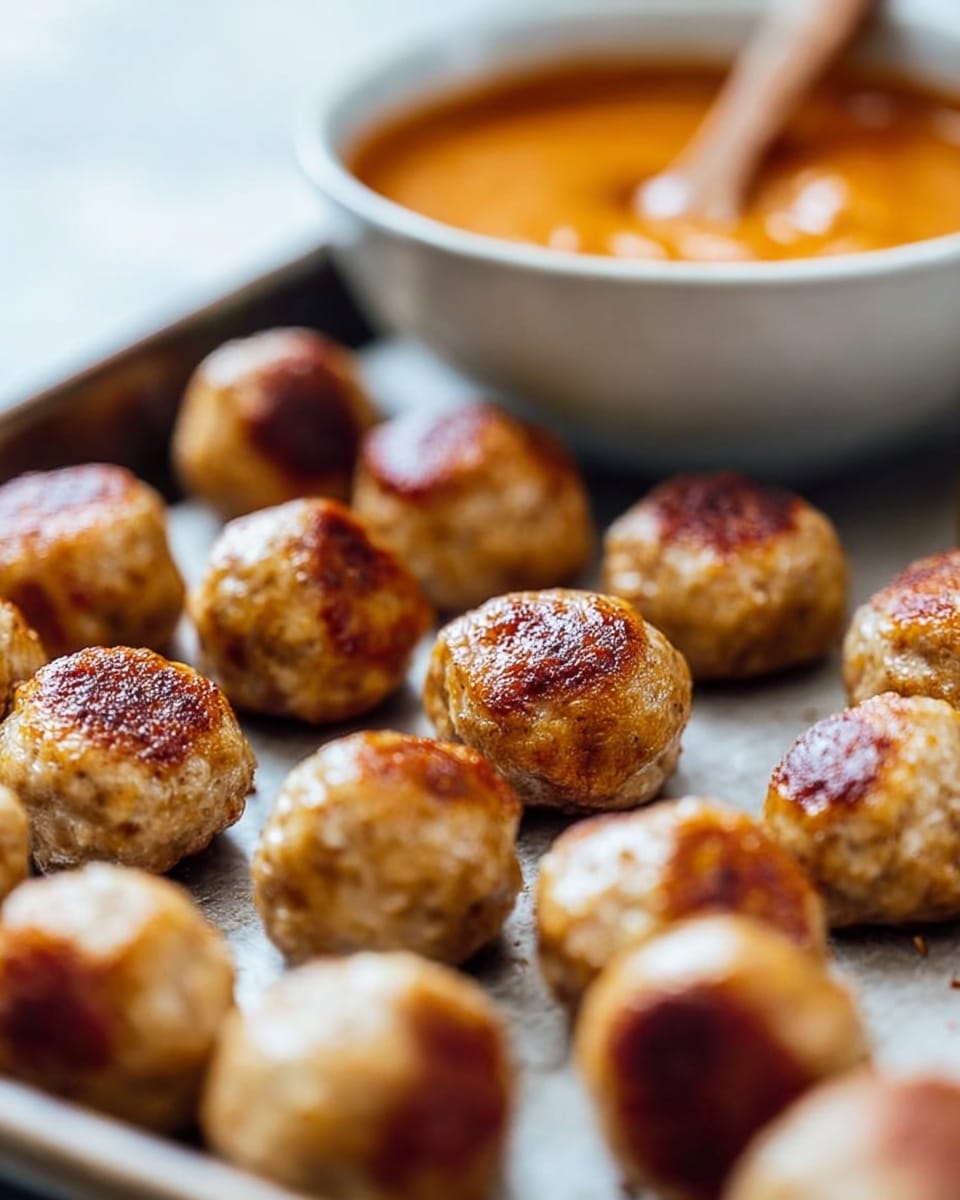 The image shows many small round meatballs with a golden brown crust on top, sitting on a metal tray. The meatballs have a slight crust, making their tops shiny and textured in light and dark golden shades. In the background, there is a white bowl filled with thick orange sauce, and a wooden spoon dipped in it. The surface under the tray is white with a soft marble pattern, adding a clean look to the scene. The focus is on the meatballs in the front, with the bowl softly blurred behind them photo taken with an iphone --ar 4:5 --v 7