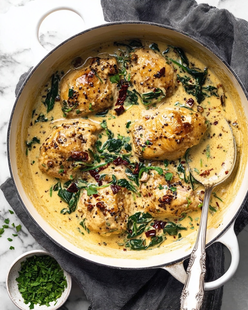 A white pot filled with five thick pieces of cooked chicken covered in a creamy light yellow sauce with a smooth texture. The sauce is mixed with bright green spinach leaves and small dark red dried chili pieces scattered on top. The chicken pieces are partially submerged in the sauce, showing their golden brown color with black pepper specks. A silver spoon with a detailed handle rests inside the pot, partially covered in sauce. Around the pot is a dark gray cloth on a white marbled surface, and a small white bowl with chopped green herbs is nearby. photo taken with an iphone --ar 4:5 --v 7