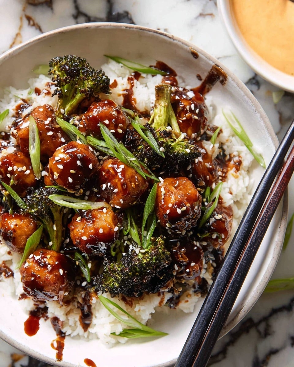 A white bowl filled with a base layer of fluffy white rice with some dark soy sauce spots, topped with a layer of glazed round tofu pieces coated in a thick, shiny dark brown sauce. Scattered among the tofu are small, charred pieces of green broccoli and long thin green onion strips. The tofu and broccoli are sprinkled with white sesame seeds for texture. A pair of black chopsticks rests on the right edge of the bowl. The background surface has a white marbled texture, and in the top right corner, there is part of a white bowl with a creamy orange sauce. photo taken with an iphone --ar 4:5 --v 7