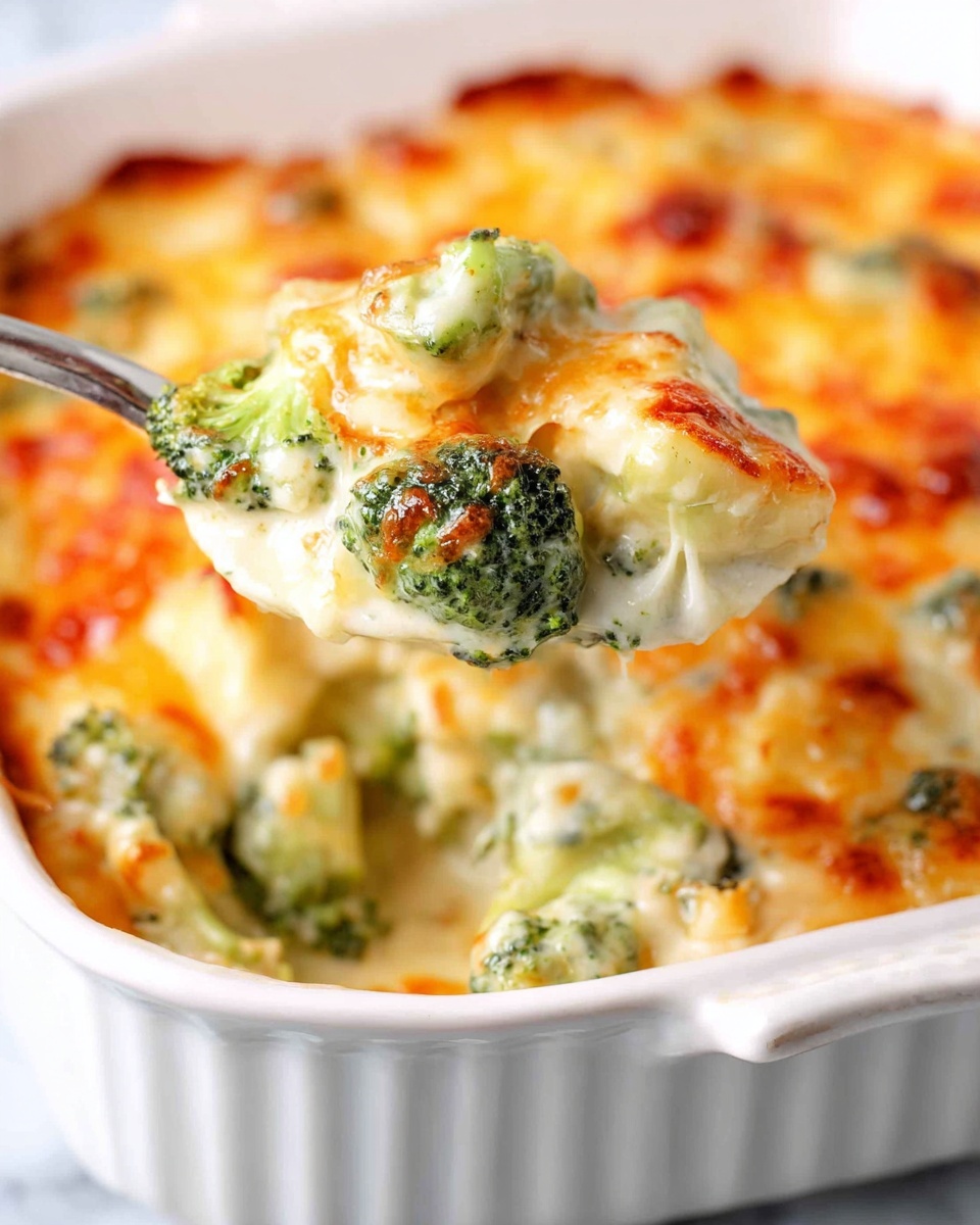 A white casserole dish filled with a creamy broccoli cheese bake, topped with a golden layer of melted cheese that has browned spots. Inside, chunks of bright green broccoli and creamy light yellow cheese are visible mixed together in a thick sauce. A spoon lifts a portion showing the soft texture of the broccoli and cheese combined under the crispy cheese layer. The dish sits on a white marbled surface. photo taken with an iphone --ar 4:5 --v 7