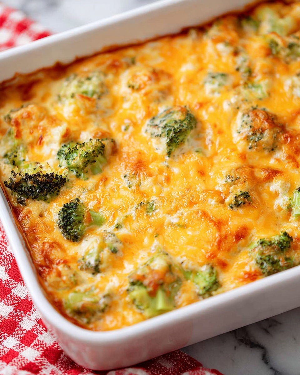 The image shows a cheesy broccoli casserole in a white rectangular baking dish. The dish has one thick top layer of melted golden brown cheese, with visible green broccoli pieces poking through. The cheese layer looks bubbly with a mix of light and dark orange patches from baking. The broccoli underneath adds texture with small florets spread evenly, contrasting with the gooey, rich cheese on top. The casserole sits on a white marbled surface, with a red and white checkered cloth partially visible at the bottom left corner. photo taken with an iphone --ar 4:5 --v 7