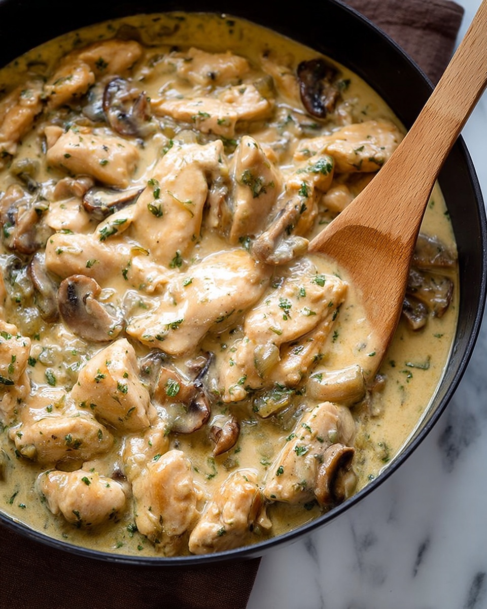 This image shows a black pan filled with a creamy sauce containing many pieces of light brown chicken and slices of dark brown mushrooms. The sauce is thick and pale yellow with green herb bits sprinkled throughout. A wooden spoon is partially submerged in the sauce on the right side of the pan. The pan rests on a folded brown cloth on a white marbled surface. The textures of the chicken pieces look soft and tender, while the mushrooms add a slightly wrinkled appearance. photo taken with an iphone --ar 4:5 --v 7