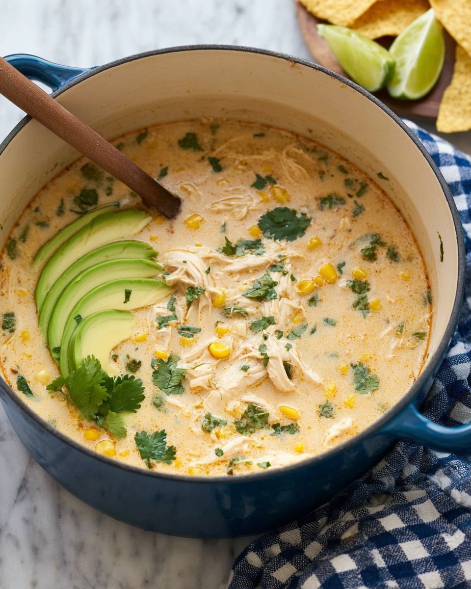 A creamy soup is shown inside a white pot with a blue outer layer, filled with light orange broth mixed with shredded pieces of white chicken, yellow corn kernels, and green herb leaves. On one side, thin slices of pale green avocado are neatly layered like a fan, topped with a few cilantro leaves. A wooden spoon rests inside, partly submerged in the soup, with its handle leaning against the pot's side. In the background, some light tan tortilla chips and lime wedges sit on a white marbled surface, along with a blue and white checkered cloth beneath the pot. photo taken with an iphone --ar 4:5 --v 7
