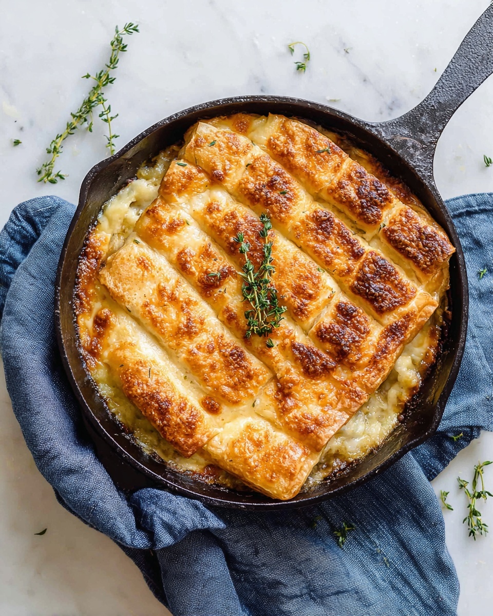 A black cast iron skillet rests on a blue cloth on a white marbled surface, holding a baked dish topped with a golden-brown crust formed by rectangular pastry pieces arranged in three rows. Beneath the crust, a bubbling, creamy cheese layer with deep golden brown spots peeks through around the edges. A small garnish of green fresh thyme sprigs lies in the center of the crust, adding a fresh touch. The skillet’s handle points downward, and loose thyme sprigs are placed beside the skillet on the white marbled surface. Photo taken with an iphone --ar 4:5 --v 7