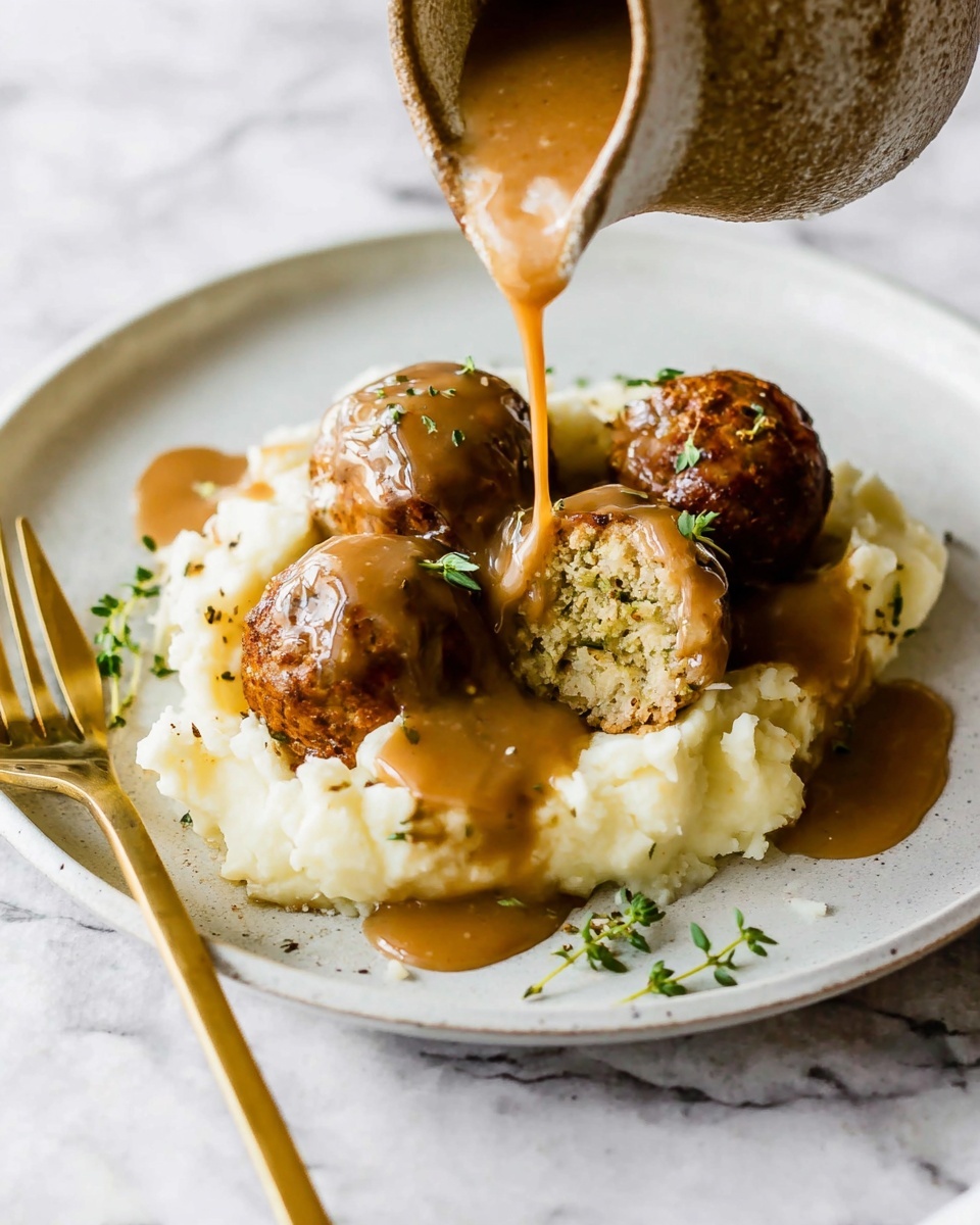 The dish shows two pieces of a round meat item sliced in half revealing a soft, greenish inner filling with small bits inside. These are placed on a bed of smooth white mashed potatoes that form the bottom layer. A thick dark brown gravy generously covers the top of the meat pieces and part of the mashed potatoes. Some small green herb leaves and cracked black pepper are sprinkled over the dish. The whole meal sits on a round white plate with small brown specks, resting on a white marbled surface. A gold fork is visible on the left side of the plate. photo taken with an iphone --ar 4:5 --v 7