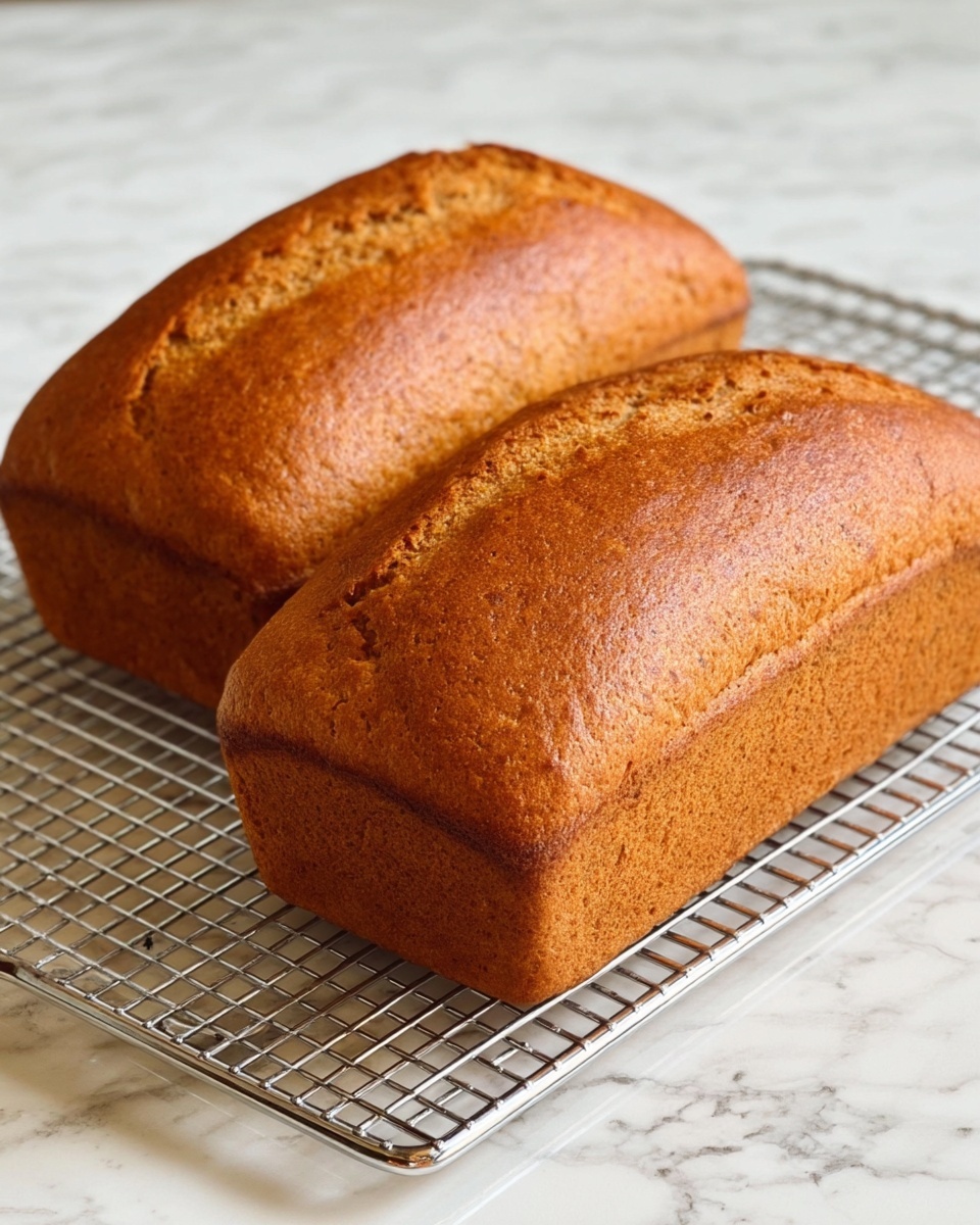 Two golden brown rectangular loaves of bread with a slightly cracked top and smooth sides rest on a metal cooling rack. The loaves have a warm, even color with a gently textured crust that looks soft yet firm. The rack is placed on a white marbled surface that highlights the bread’s rich tones and fresh-baked appeal. photo taken with an iphone --ar 4:5 --v 7