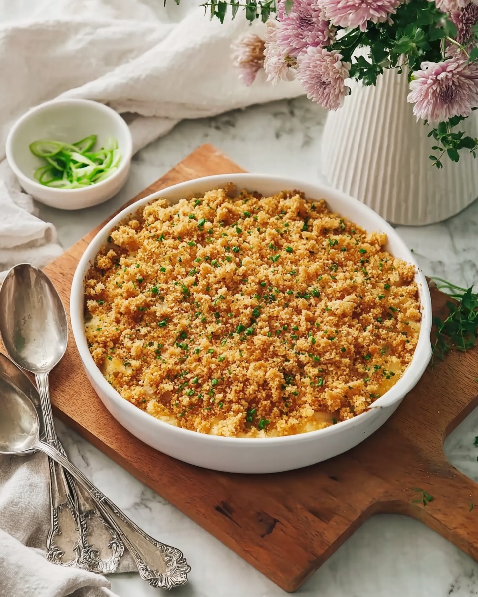 A white round dish filled with a single layer of golden-brown, crumbly topping speckled with small green herb pieces. The dish is placed on a wooden cutting board over a white marbled surface. Nearby are two silver spoons with decorative handles, a small white bowl holding green onion slices, a bunch of light pink flowers with green leaves, and a white textured container in the background. The overall look is warm and inviting with soft natural light. photo taken with an iphone --ar 4:5 --v 7