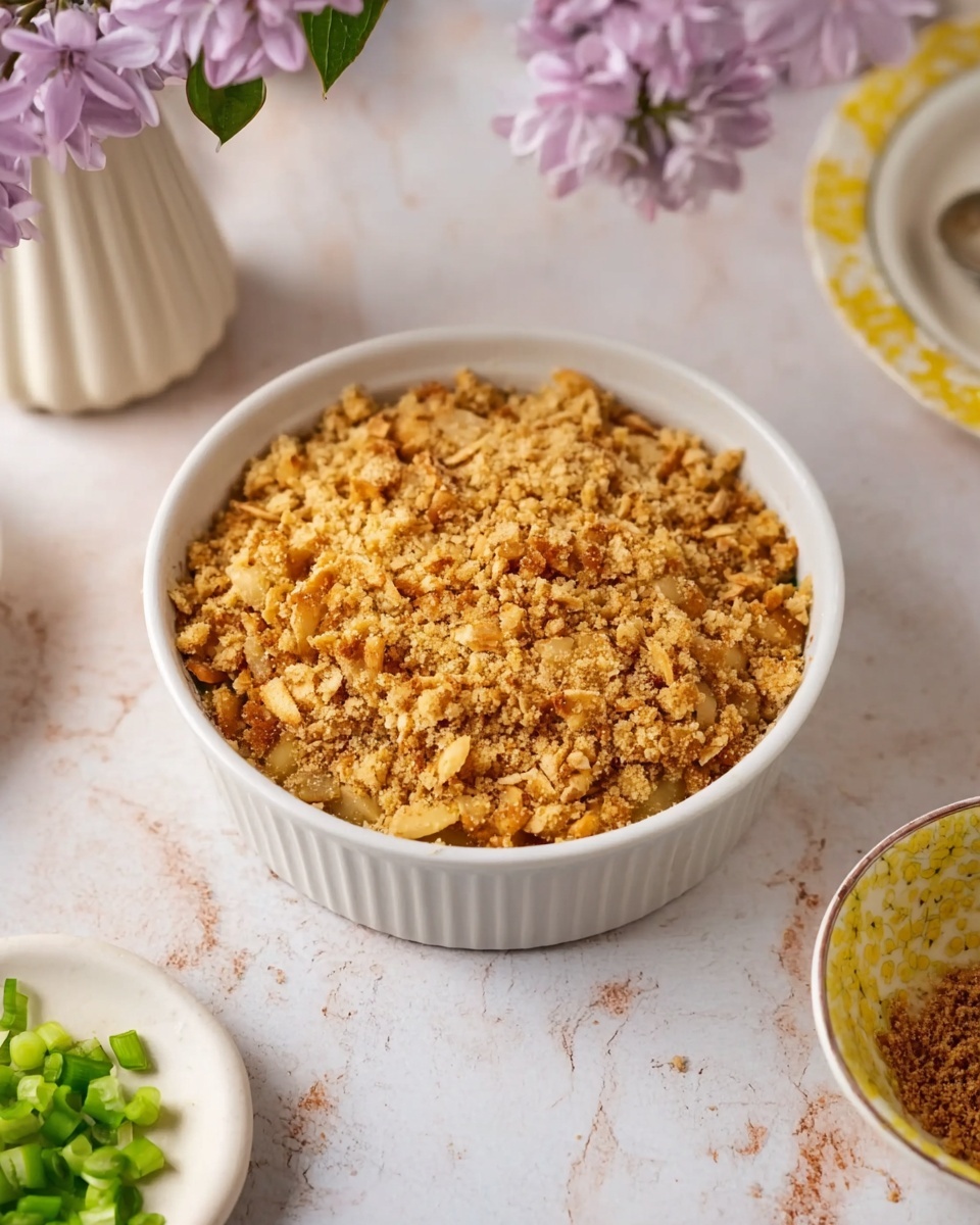 A white bowl filled with a crumble topping made of small, golden brown chunks with a rough texture, covering the entire surface of the dish. Around the bowl, there is a small white plate with chopped green onions at the bottom left, a yellowish-white patterned bowl with a small amount of brown crumbs at the right, and a slightly out of focus white vase with light purple flowers at the top left. The whole setup is on a white marbled surface. photo taken with an iphone --ar 4:5 --v 7