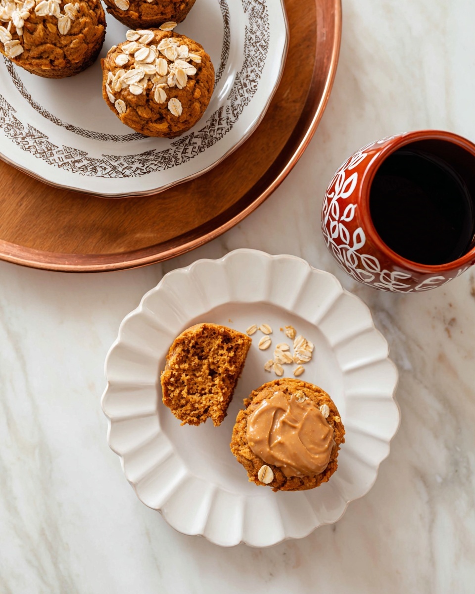 The image shows a white scalloped plate with two halves of an orange-brown muffin topped with a smooth spread of light brown nut butter, with some oat flakes scattered nearby. Above this plate, there is a larger white plate with a decorative rim holding three whole muffins, topped with some oat flakes. Both plates sit on a round wooden board with a copper edge, placed on a white marbled surface. To the right, there is a reddish-brown cup with a white leaf pattern, filled with a dark liquid. Photo taken with an iphone --ar 4:5 --v 7