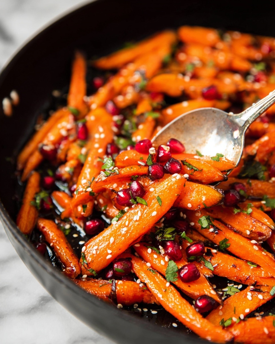 A large black pan filled with roasted baby carrots arranged in layers, showing their bright orange color with slightly dark caramelized edges. The carrots are sprinkled with small green thyme leaves, white sesame seeds, and scattered deep red pomegranate seeds, adding pops of color and texture. A shiny silver spoon rests on the right side of the pan, sitting among the carrots. The pan is placed on a white marbled surface, with a few sprigs of thyme nearby. photo taken with an iphone --ar 4:5 --v 7