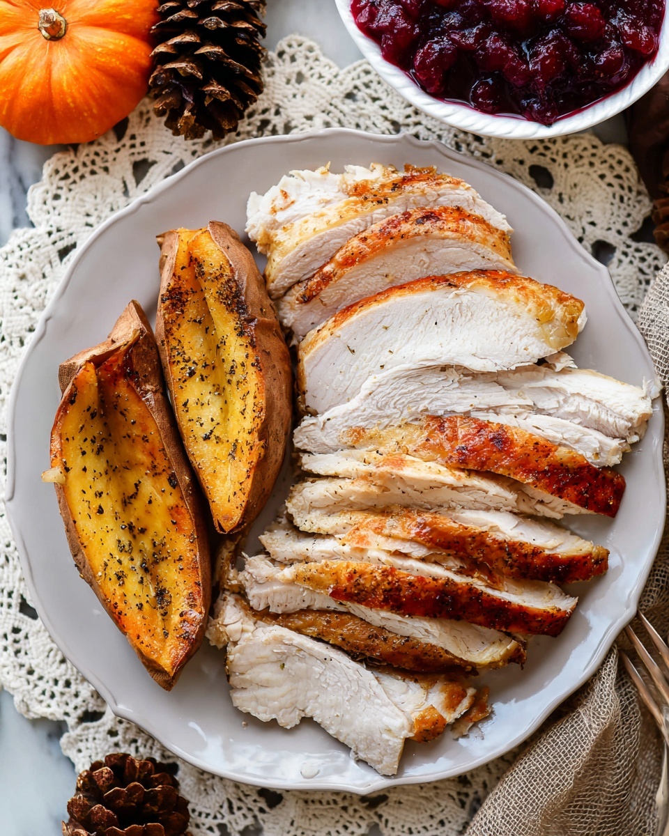 A white plate holds sliced roasted turkey arranged in layers with golden brown, crispy skin on top and soft white meat beneath, covering most of the plate. To the side, two halves of a baked sweet potato with a yellow, soft interior sprinkled with black pepper rest on the plate. Around the plate, there is a white crocheted doily on a white marbled surface, a small orange pumpkin, a pine cone, and a small white bowl filled with deep red cranberry sauce. A silver fork is partially visible on the right side, tucked beneath some turkey slices. photo taken with an iphone --ar 4:5 --v 7