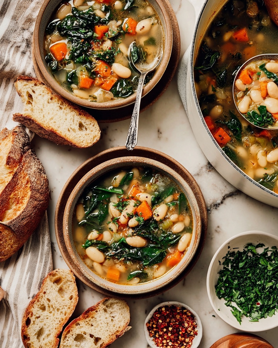 The image shows two bowls of vegetable and white bean soup placed on a white marbled surface with a striped cloth underneath. Each bowl is in a brown, earthy-toned dish with a few slices of light toasted bread beside them. The soup has several layers: a light broth base, orange carrot pieces, white beans, and dark green leafy vegetables scattered throughout. Fresh chopped herbs are sprinkled on top. On the right side, there is a white bowl filled with chopped green herbs with a spoon inside. A larger white pot filled with the same soup is partially visible at the top right corner, with a ladle inside showing the same soup contents. A small white dish with red pepper flakes and a wooden pepper grinder are also on the surface. The scene looks cozy and inviting, with natural lighting. Photo taken with an iphone --ar 4:5 --v 7