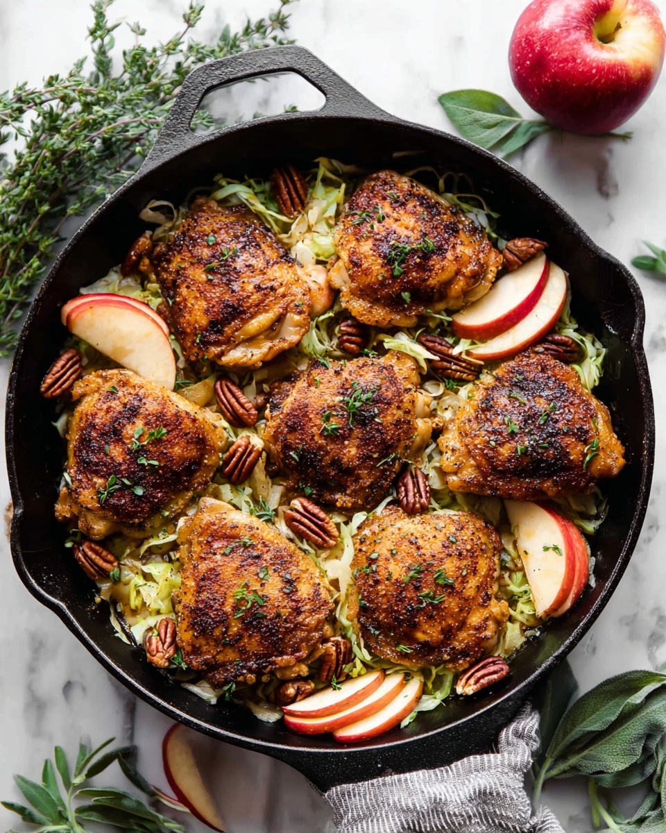 This image shows a close-up of four cooked chicken thighs with a crispy, browned skin on top. They rest on a bed of shredded green vegetables, likely cabbage or Brussels sprouts, which have a fresh and slightly wet texture. Around the chicken are many pecans, rich brown in color and shiny, mixed with thin slices of red apple with white flesh, adding bright and fresh touches. Small green herb leaves, likely thyme, are scattered on top of the chicken and vegetables, giving color contrast. The whole dish is placed on a white marbled surface. photo taken with an iphone --ar 4:5 --v 7
