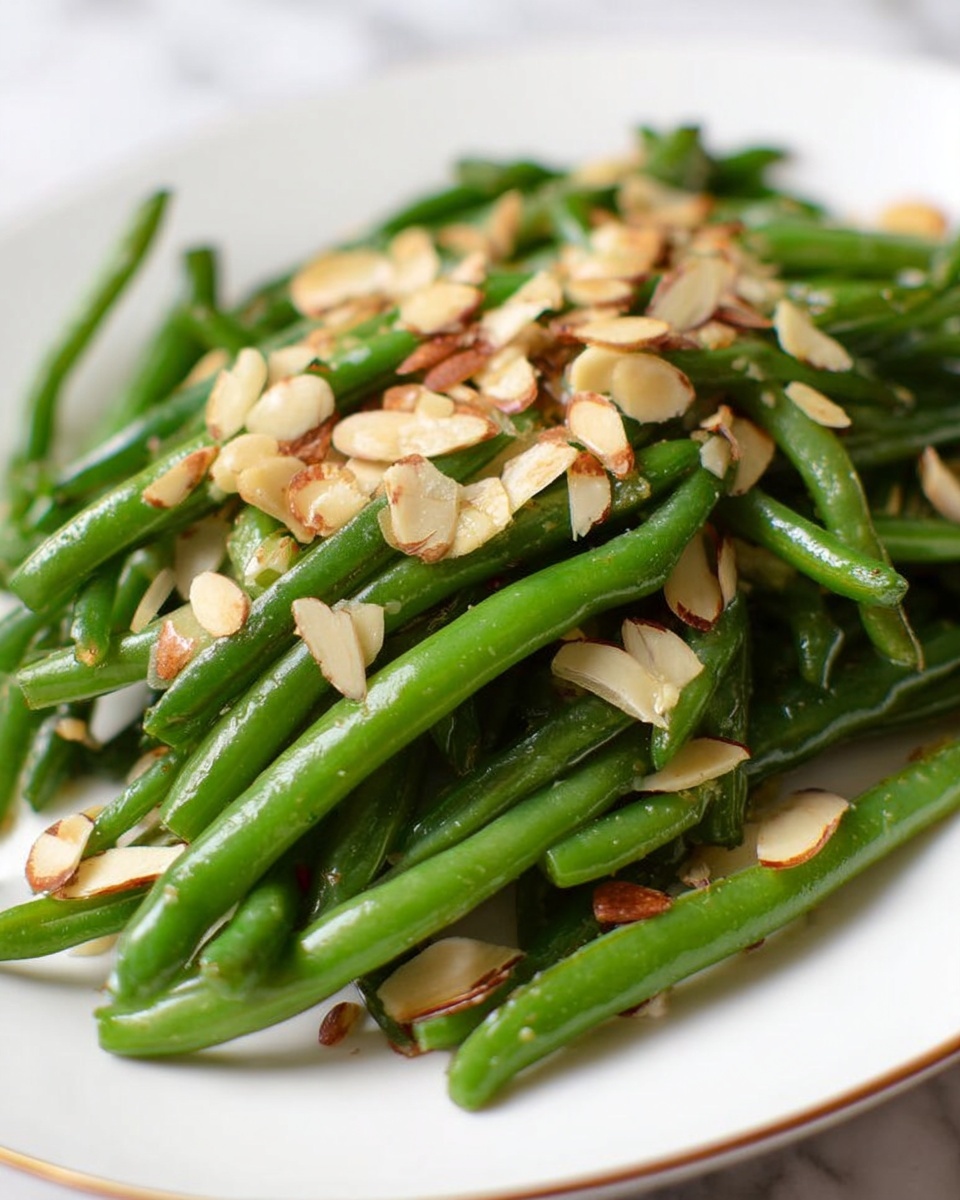 The dish shows a white oval plate filled with bright green cooked green beans that appear tender and slightly shiny. Scattered over the beans are thin, light brown toasted almond slices, adding texture and color contrast. A silver spoon is placed on the right side of the plate, partially under the beans. The plate rests on a white marbled surface with a beige cloth napkin visible on the left side. The overall look is simple, fresh, and vibrant. photo taken with an iphone --ar 4:5 --v 7