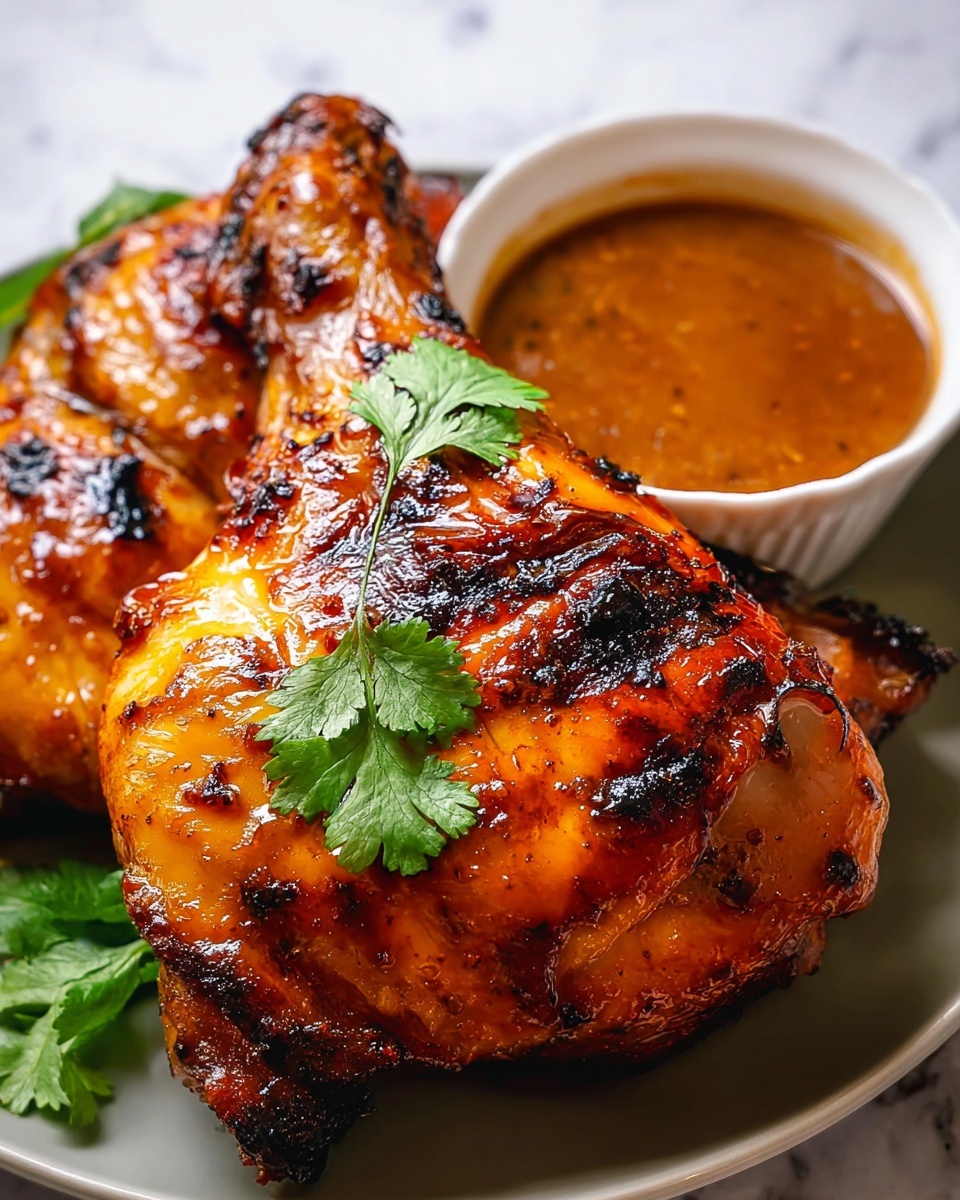 A whole grilled chicken with crispy, golden-brown skin that has dark grill marks is placed on a white plate. The chicken is decorated with fresh green parsley on top. Behind the chicken, there are pieces of lightly toasted flatbread with grill lines. To the side of the chicken, there is a small white bowl filled with orange-colored sauce that has a smooth texture. The plate is set on a white marbled surface. Photo taken with an iphone --ar 4:5 --v 7