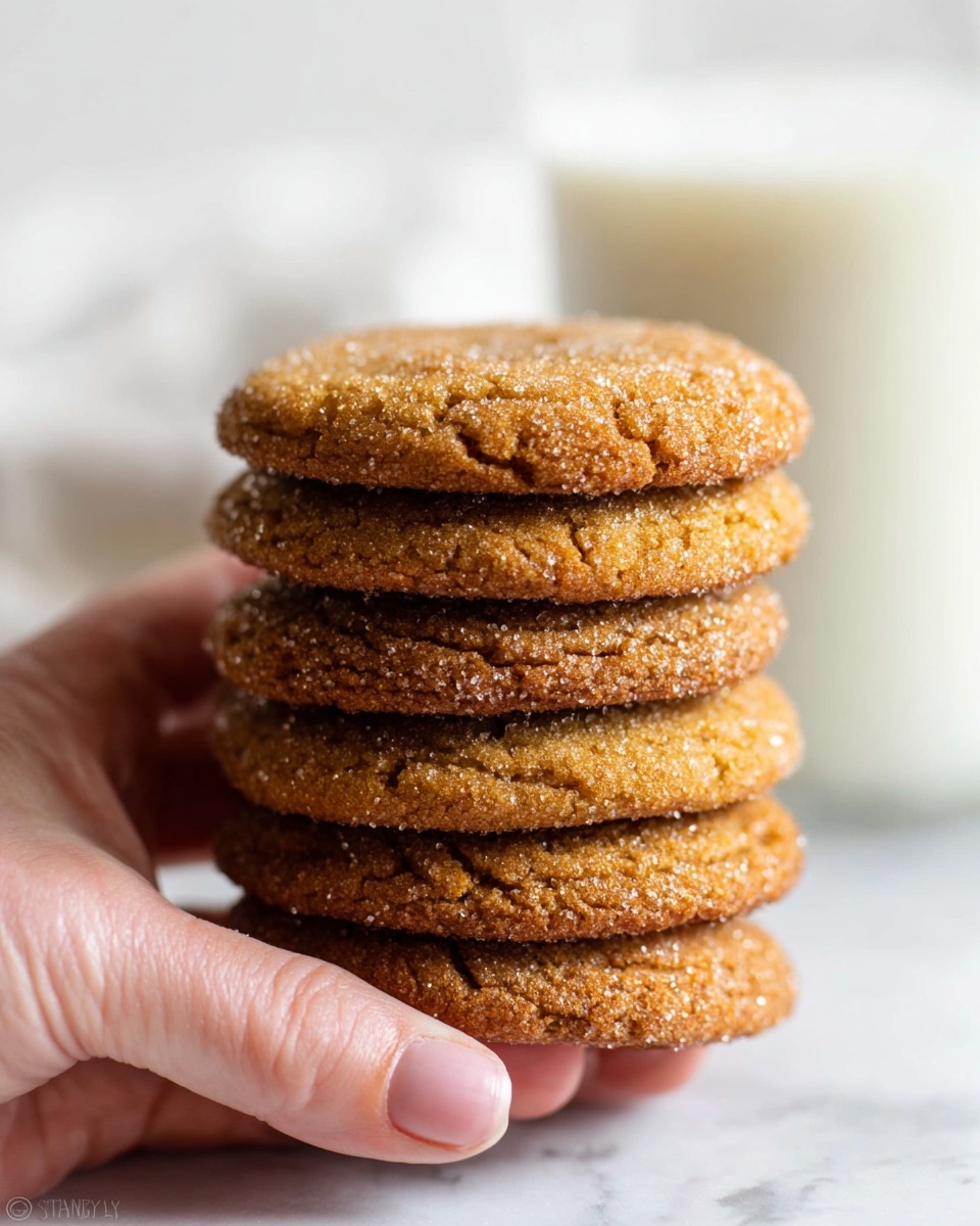 A close-up image shows a stack of five round cookies held by a woman's hand, each cookie having a golden brown color with a slightly rough texture and sparkling sugar crystals visible on the surface. The cookies are evenly thick with gentle cracks and creases throughout. In the background, there is a blurry tall glass filled with milk placed on a white marbled surface. The focus is on the cookies and the woman's hand, with soft natural lighting highlighting the details. Photo taken with an iphone --ar 4:5 --v 7