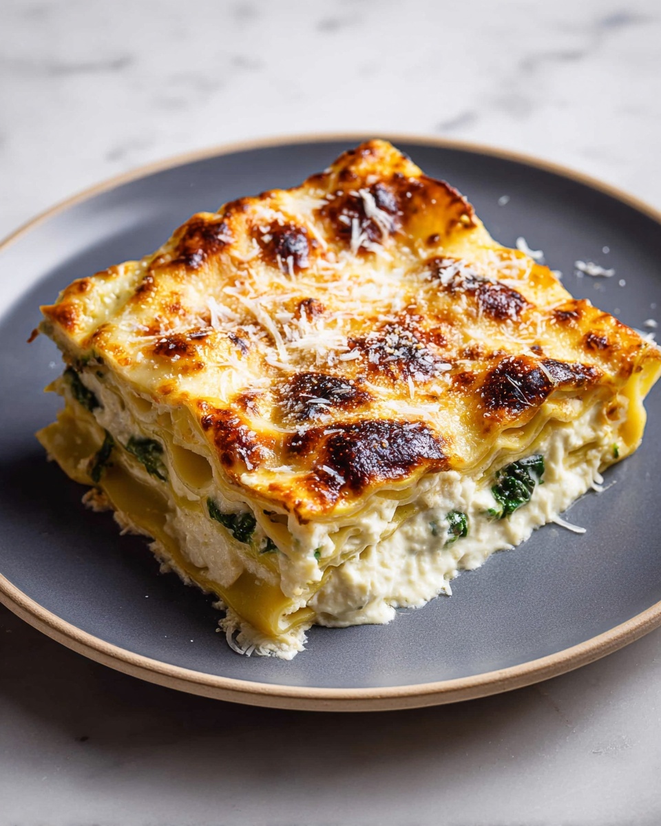 A square piece of layered lasagna sits on a white plate with a smooth surface, placed on a white marbled texture. The bottom layer is a pale yellow pasta sheet with slightly curled edges showing bits of green spinach and creamy white cheese inside. On top of this is a thick layer of white creamy sauce, browned in spots with golden to dark brown patches from baking. Fine shreds of pale cheese are sprinkled over the top, adding texture and contrast to the creamy surface. The lasagna looks soft and rich, with some edges showing a light golden crisp. photo taken with an iphone --ar 4:5 --v 7