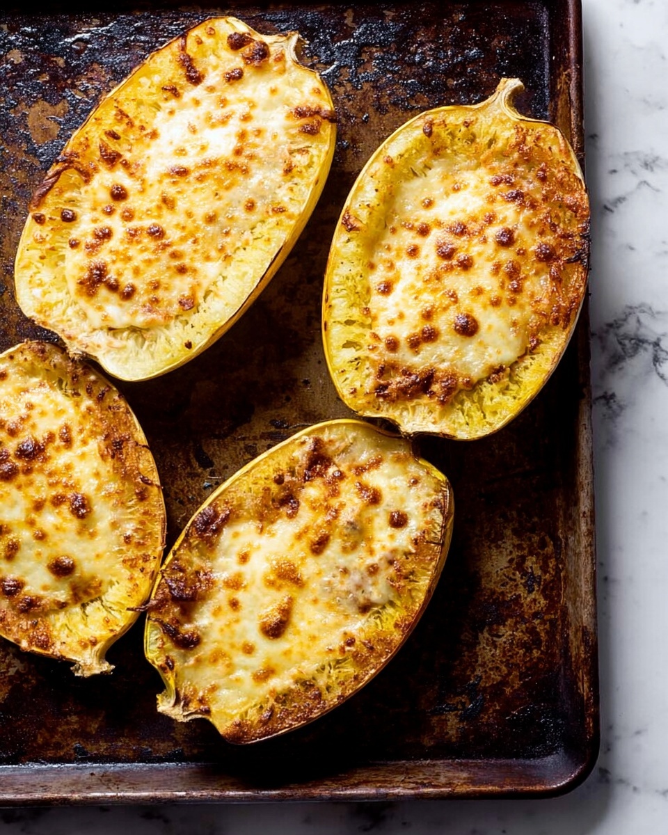 The image shows four halves of spaghetti squash placed on a dark, well-used baking tray with browned spots and baked-on grease marks. Each squash half has a golden brown, textured top layer that appears melted and slightly crispy with small browned bubbles, suggesting a cheese or breadcrumb topping. The squash flesh beneath the topping is pale yellow while the outer shell is a light greenish-yellow. The halves are arranged in a loose cluster on the pan, with one squash stem visible on the right side. The background surface has a white marbled texture. Photo taken with an iphone --ar 4:5 --v 7