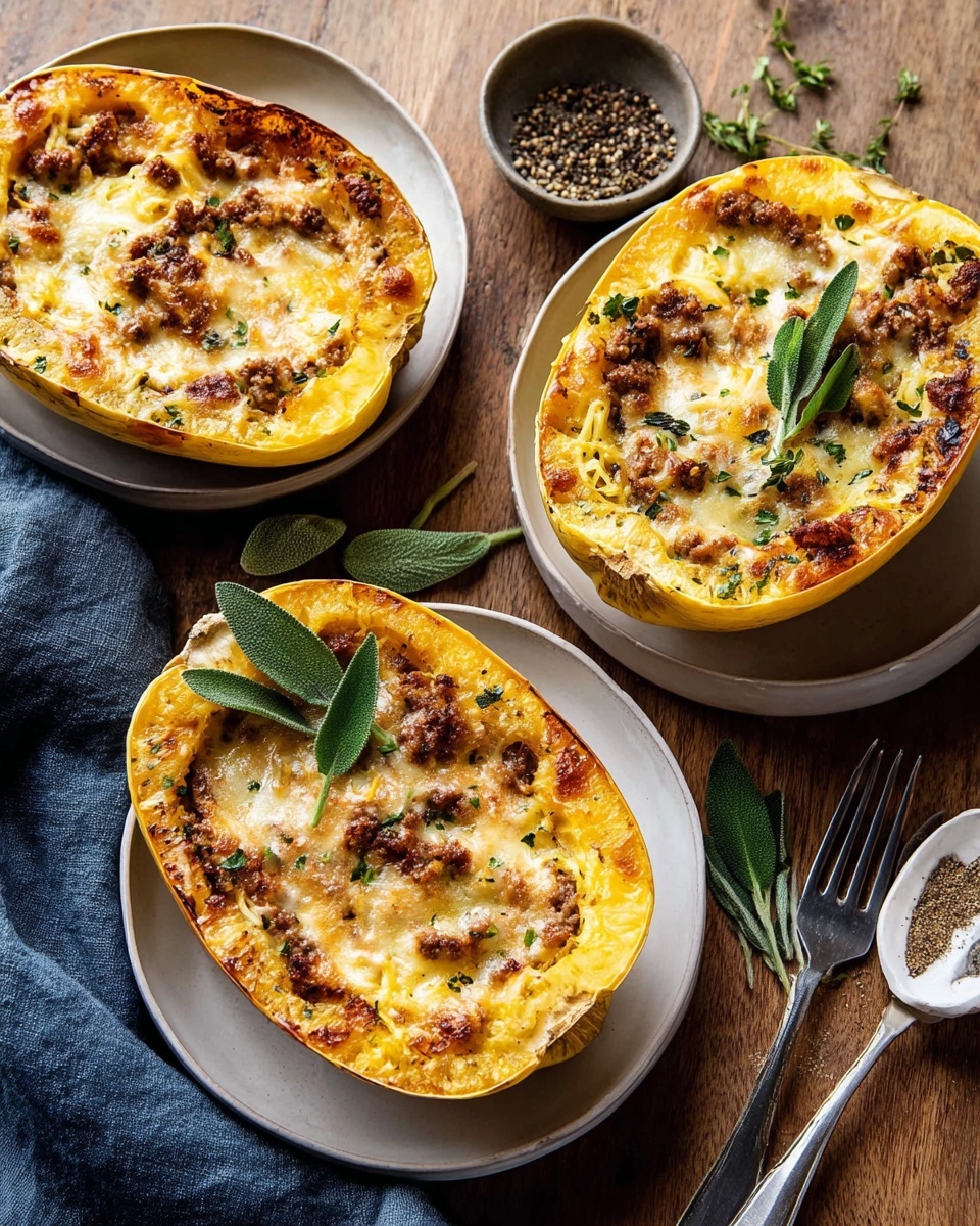 The image shows three white bowls each with a halved baked spaghetti squash inside. Each squash half has a top layer of melted golden cheese that looks bubbly and slightly crispy at the edges. The squash strands underneath are yellow and soft, with one half topped with browned pieces of ground meat and a few sprigs of green herbs. The other squash halves are decorated with whole green sage leaves and small fresh herb leaves, adding a fresh touch to the warm colors. The bowls are placed on a wooden table with a small white bowl of black pepper, a silver fork, some scattered herbs, and a dark blue cloth nearby. Photo taken with an iphone --ar 4:5 --v 7