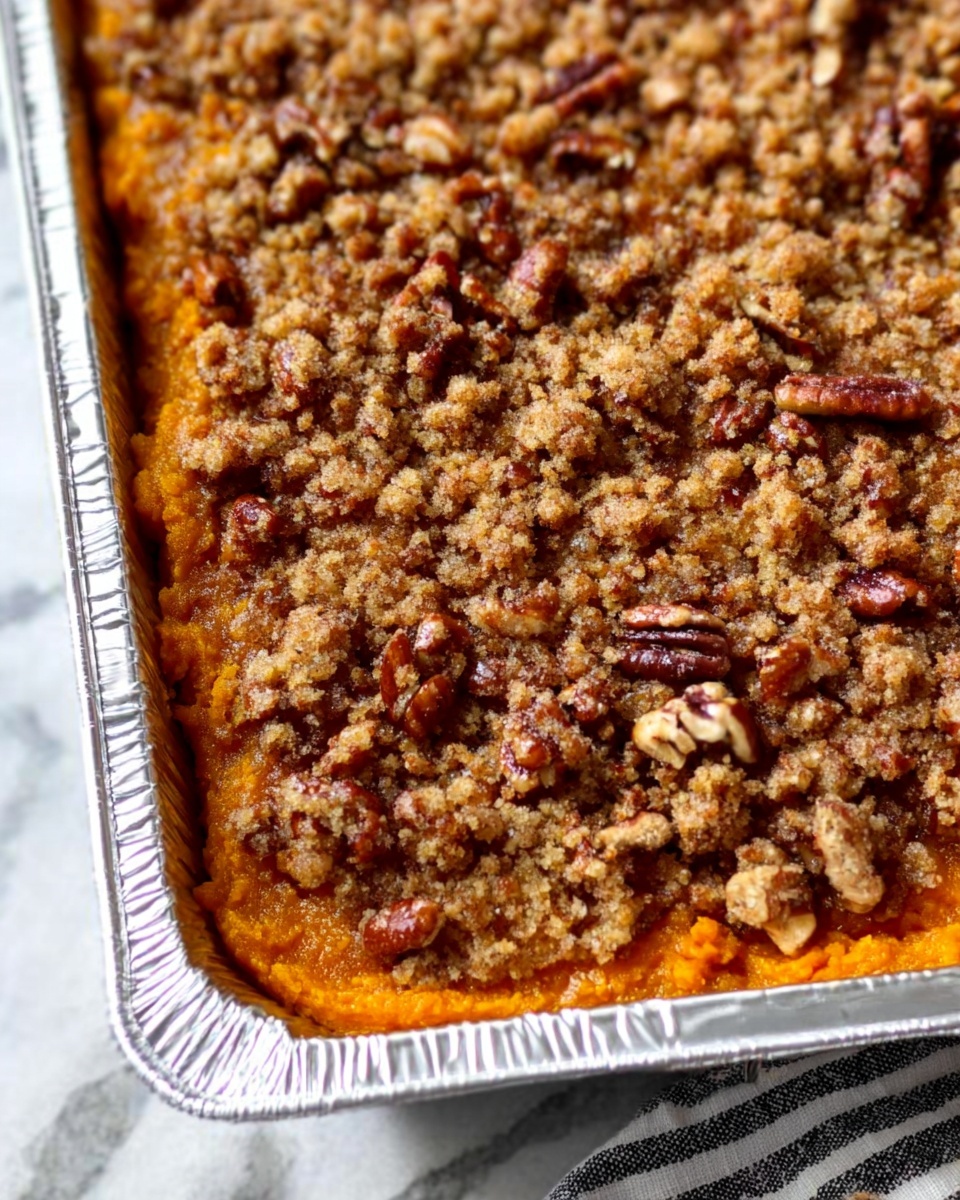 The image shows a close-up of a baked sweet potato casserole in a aluminum tray. The casserole has two visible layers: the bottom layer is an orange, smooth sweet potato mash, and the top layer is a crumbly, golden-brown streusel topping with pieces of toasted pecans scattered throughout. The surface underneath the tray is a white marbled texture with a striped cloth partially visible. The casserole looks warm and freshly baked, with a crunchy texture on top. photo taken with an iphone --ar 4:5 --v 7
