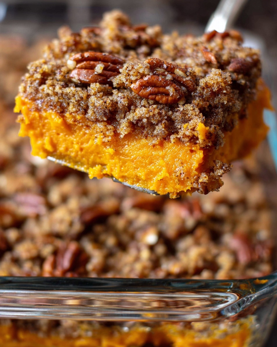 The image shows a close-up of a square piece of sweet potato casserole being lifted from a glass dish. The dish contains a thick, bright orange sweet potato layer at the bottom that looks soft and smooth. On top, there is a textured brown layer made of crumbly topping mixed with whole pecans, giving it a crunchy look. The topping is uneven with small cracks and breaks, showing the pecans embedded throughout. The background is out of focus, emphasizing the vibrant colors and textures of the casserole. Photo taken with an iphone --ar 4:5 --v 7