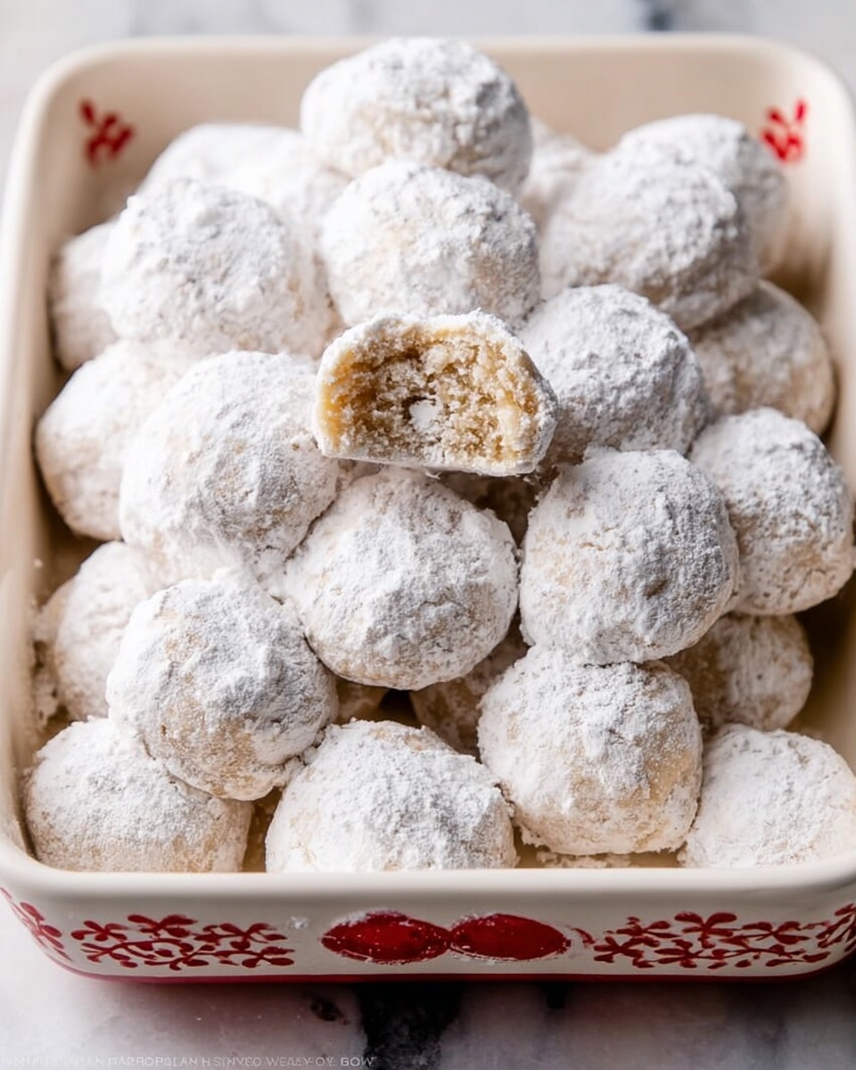 A white rectangular dish filled with many small round cookies covered in a thick layer of white powdered sugar, creating a soft and powdery texture on the surface. One cookie is broken in half at the center of the dish, showing a light golden crumbly interior. The dish has small red decorative flower shapes near the edges. The background is a white marbled surface. Photo taken with an iphone --ar 4:5 --v 7