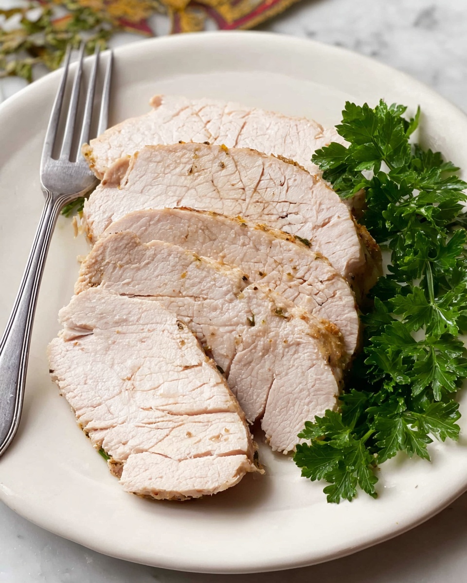 The dish shows five slices of cooked light beige meat with a slightly browned edge, stacked overlapping in the center of a white plate. The texture of the meat looks soft with visible lines and a few specks of seasoning scattered on the surface. On the right side of the plate, there is a small bunch of fresh green parsley leaves, adding color contrast. A silver fork rests diagonally on the left edge of the plate. The plate is placed on a white marbled surface with blurred elements in the background. photo taken with an iphone --ar 4:5 --v 7