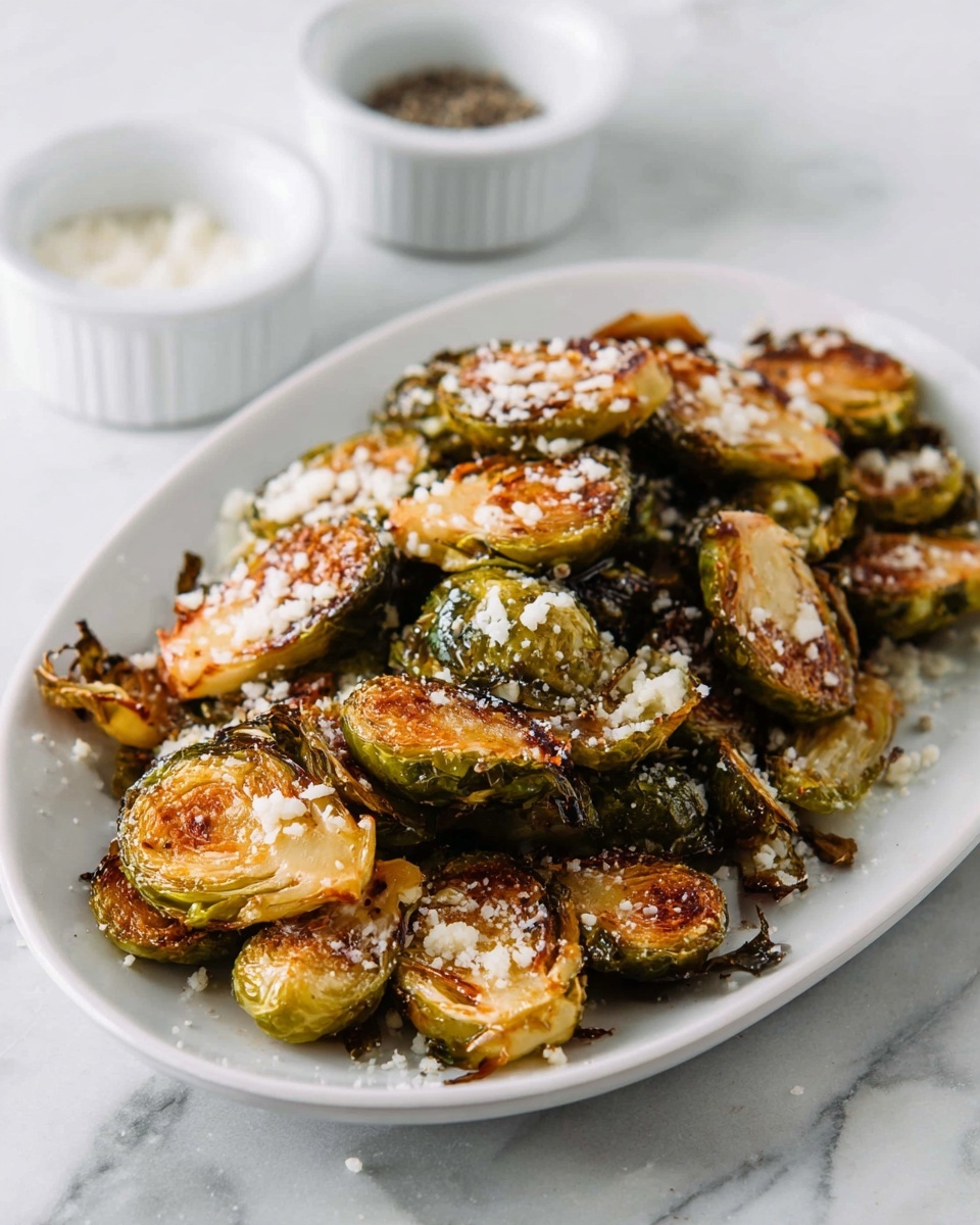 The image shows a white oval plate filled with roasted Brussels sprouts, cut in half. The sprouts have a crispy, browned outer layer with a golden caramelized color on the flat side, and their natural green and pale yellow layers are visible. Small flakes of white cheese are sprinkled evenly over the Brussels sprouts, adding texture contrast. The plate is placed on a white marbled surface, with two white ramekins in the blurred background, one filled with salt and the other with black pepper. photo taken with an iphone --ar 4:5 --v 7