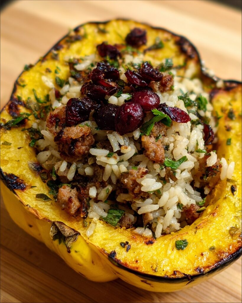 Roasted Acorn Squash with Turkey Sausage and Rice Recipe
