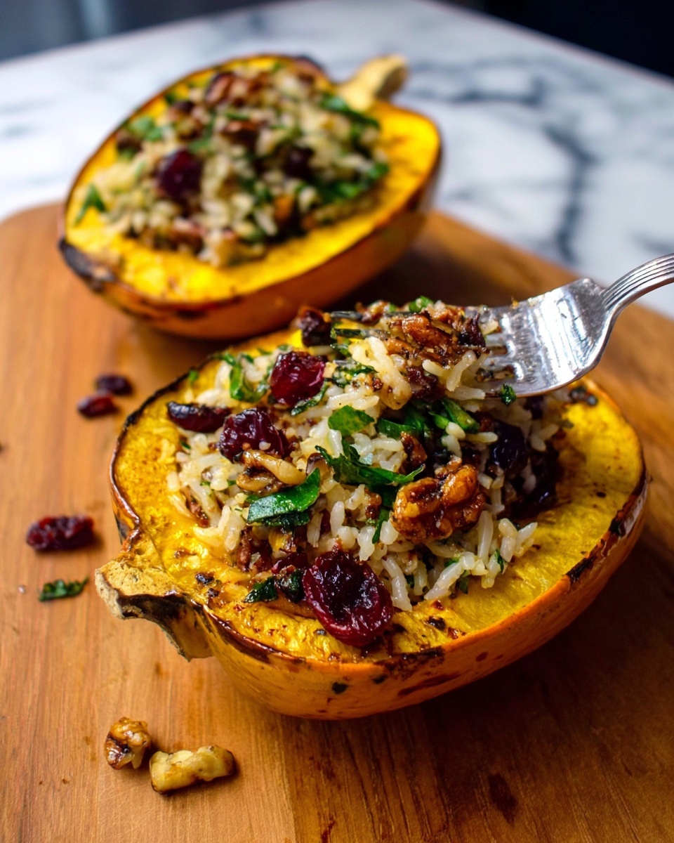 The image shows two halves of roasted squash placed on a wooden board, each filled with a mixture of cooked white rice, chopped herbs, small pieces of brown nuts or meat, dark red dried cranberries, and green leafy bits. One half is in the front, slightly lifted by a silver fork to show the filling's texture and colors clearly, while the other half is blurred in the background. The edges of the squash have a light brown roasted texture, and the inside is bright yellow-orange. Small bits of the filling have fallen on the board around the squash. The background has a white marbled texture, and the photo is taken with an iphone --ar 4:5 --v 7