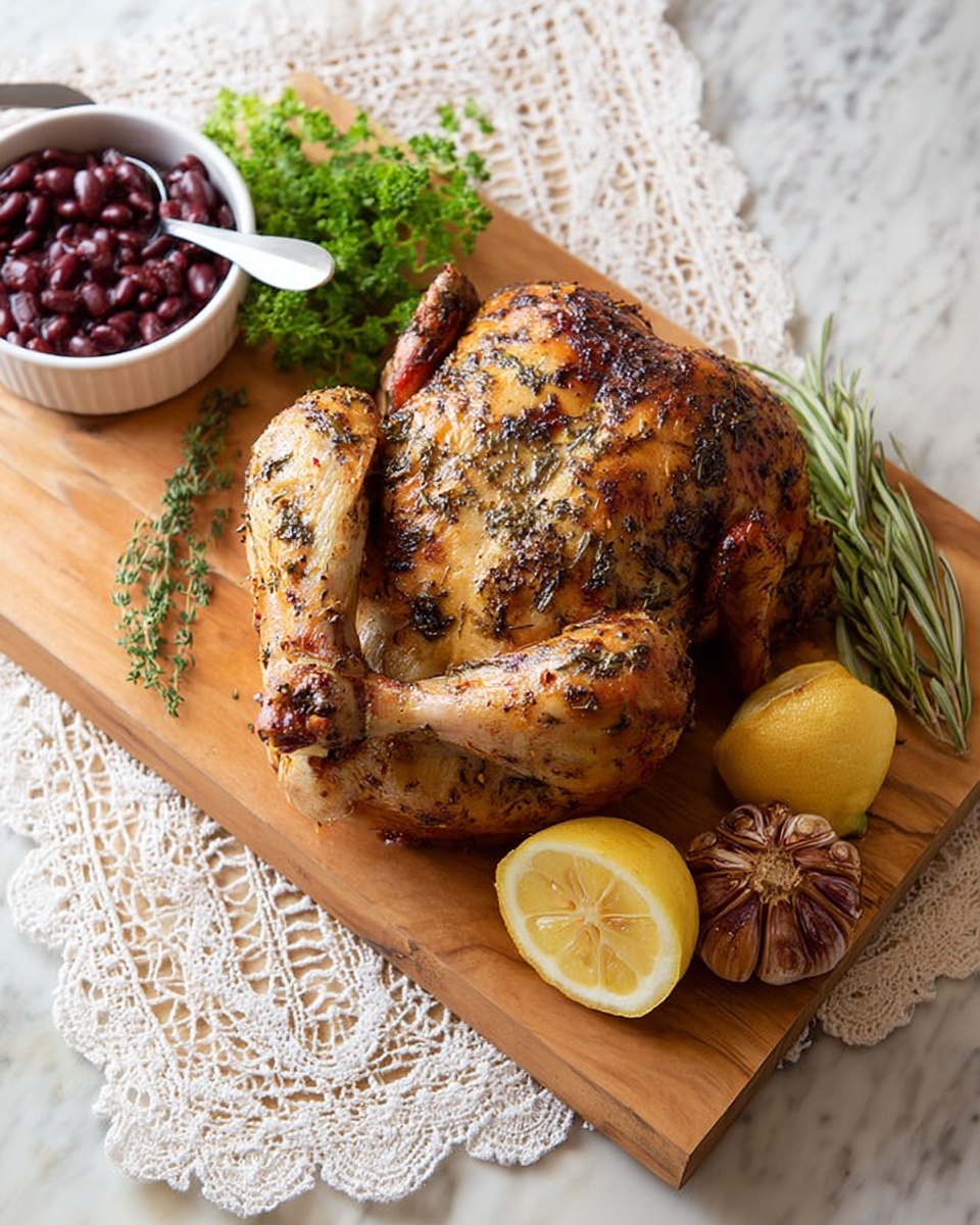 A whole roasted chicken with a golden brown and herb-speckled skin sits in the center on a light brown wooden board. To the lower right side of the chicken, there are two lemon halves and a head of roasted garlic, all showing their textured, juicy insides. Above the chicken, a bunch of fresh green herbs adds color and freshness. Behind the chicken on the board, there is a small white bowl filled with dark reddish-brown beans and a silver spoon inside it. The whole scene is set on a white marbled surface with a light-colored lace cloth edged underneath the wooden board photo taken with an iphone --ar 4:5 --v 7